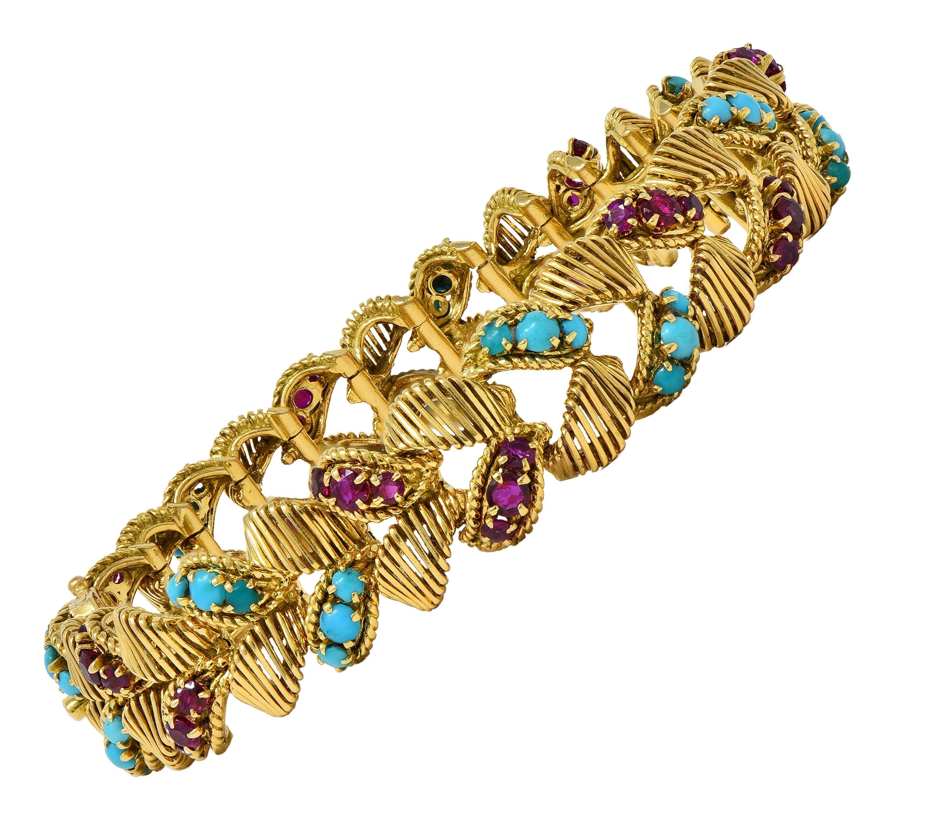 Georges L'Enfant Gubelin 1960 Ruby Turquoise 18K Gold Vintage Wheat Bracelet en venta