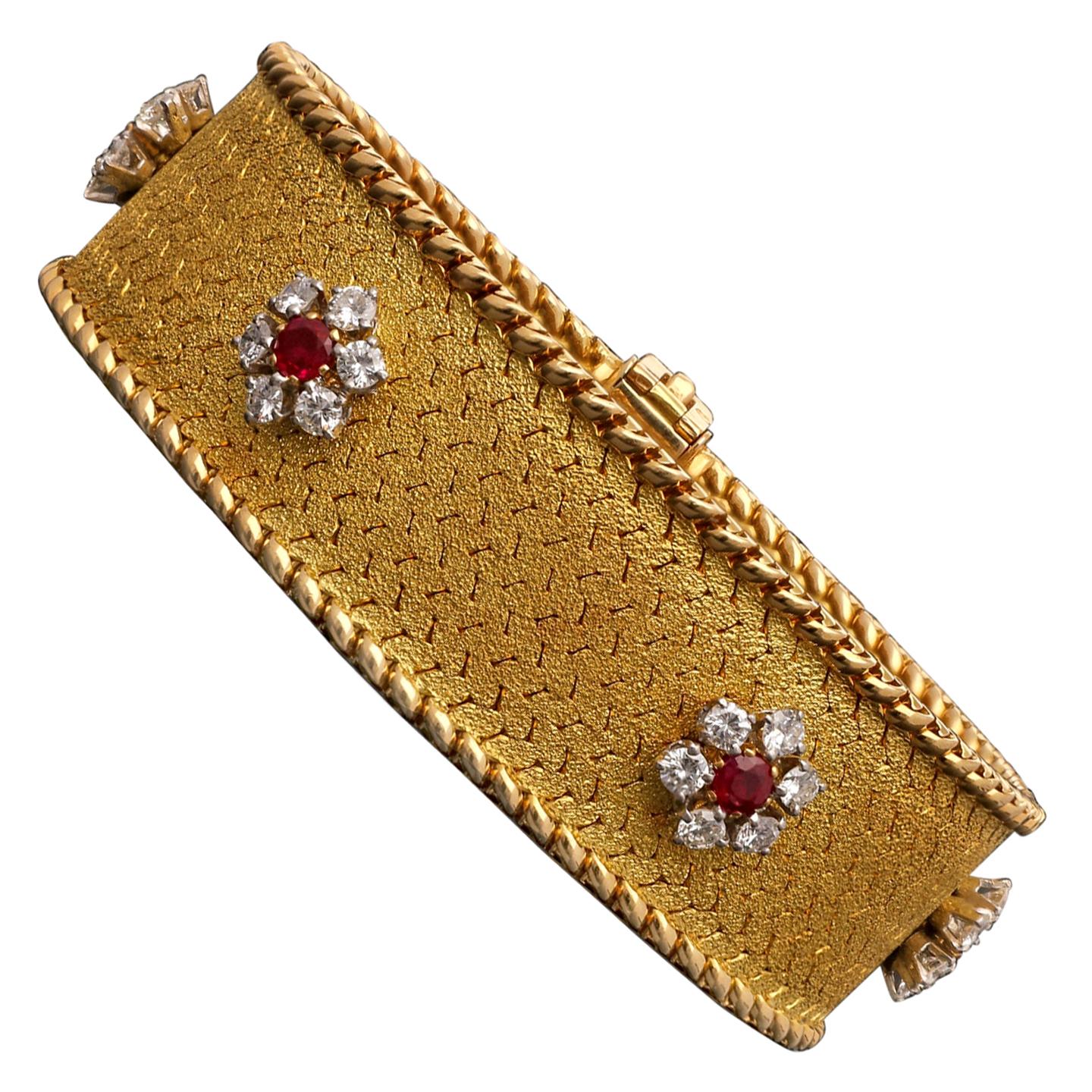 Georges Lenfant Ruby and Diamond Cluster 18 Carat Gold Bracelet, circa 1965 