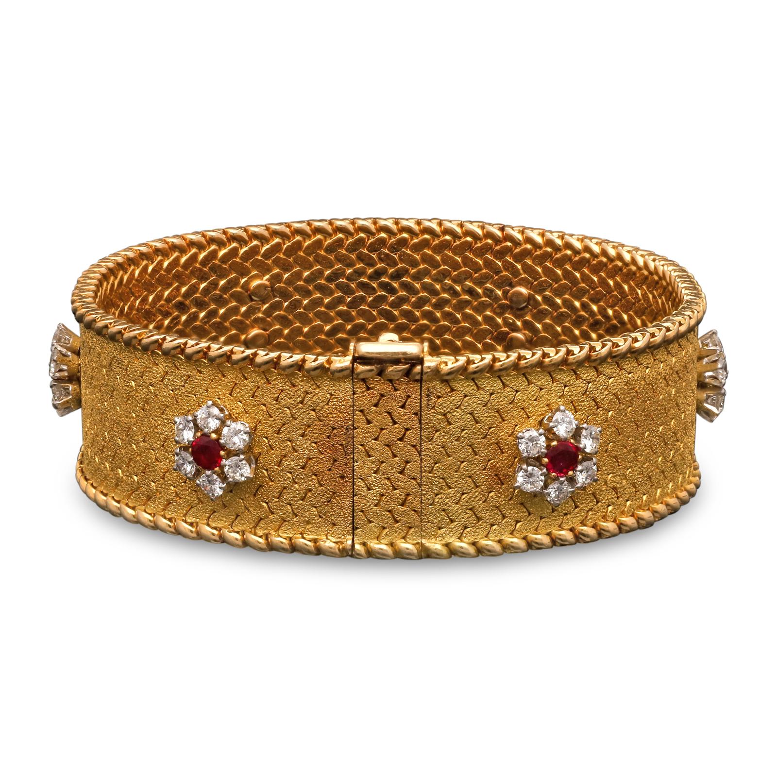 Retro Georges Lenfant Ruby and Diamond Cluster 18 Carat Gold Bracelet, circa 1965 
