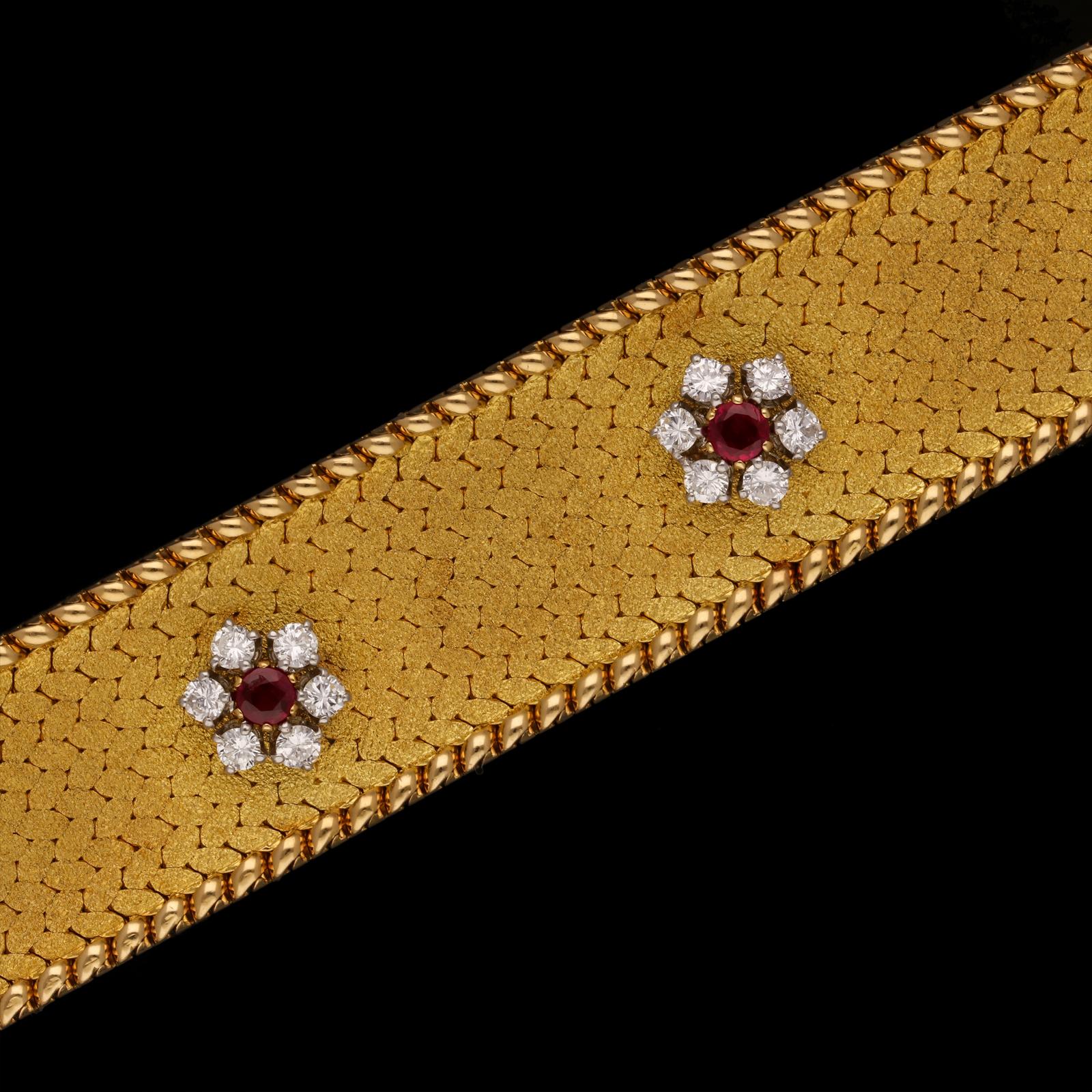 Georges Lenfant Ruby and Diamond Cluster 18 Carat Gold Bracelet, circa 1965  In Excellent Condition In London, GB