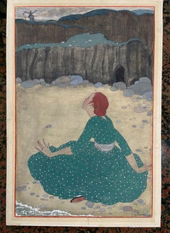 Art Nouveau Mujer en la playa con vestido verde Historia romántica   "Le Retour"