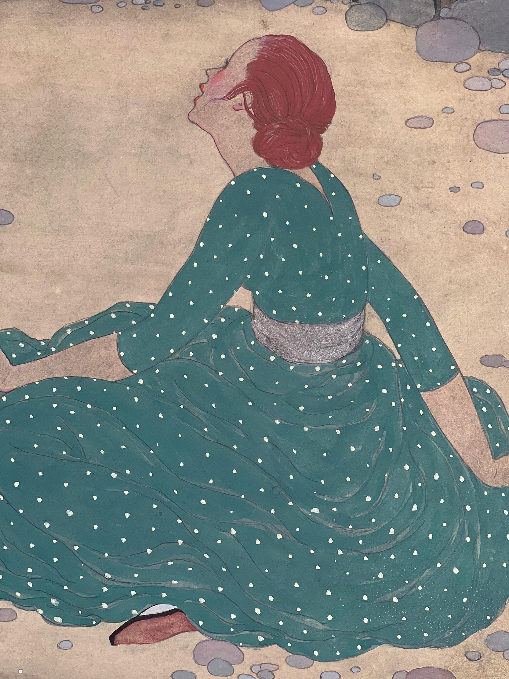 In this painting, Art Nouveau French illustrator Georges Lepape depicts a high moment of personal drama.  He exquisitely renders a beautiful yet solitary woman sitting on the beach.  She is dressed in a patterned green dress. He captures the precise