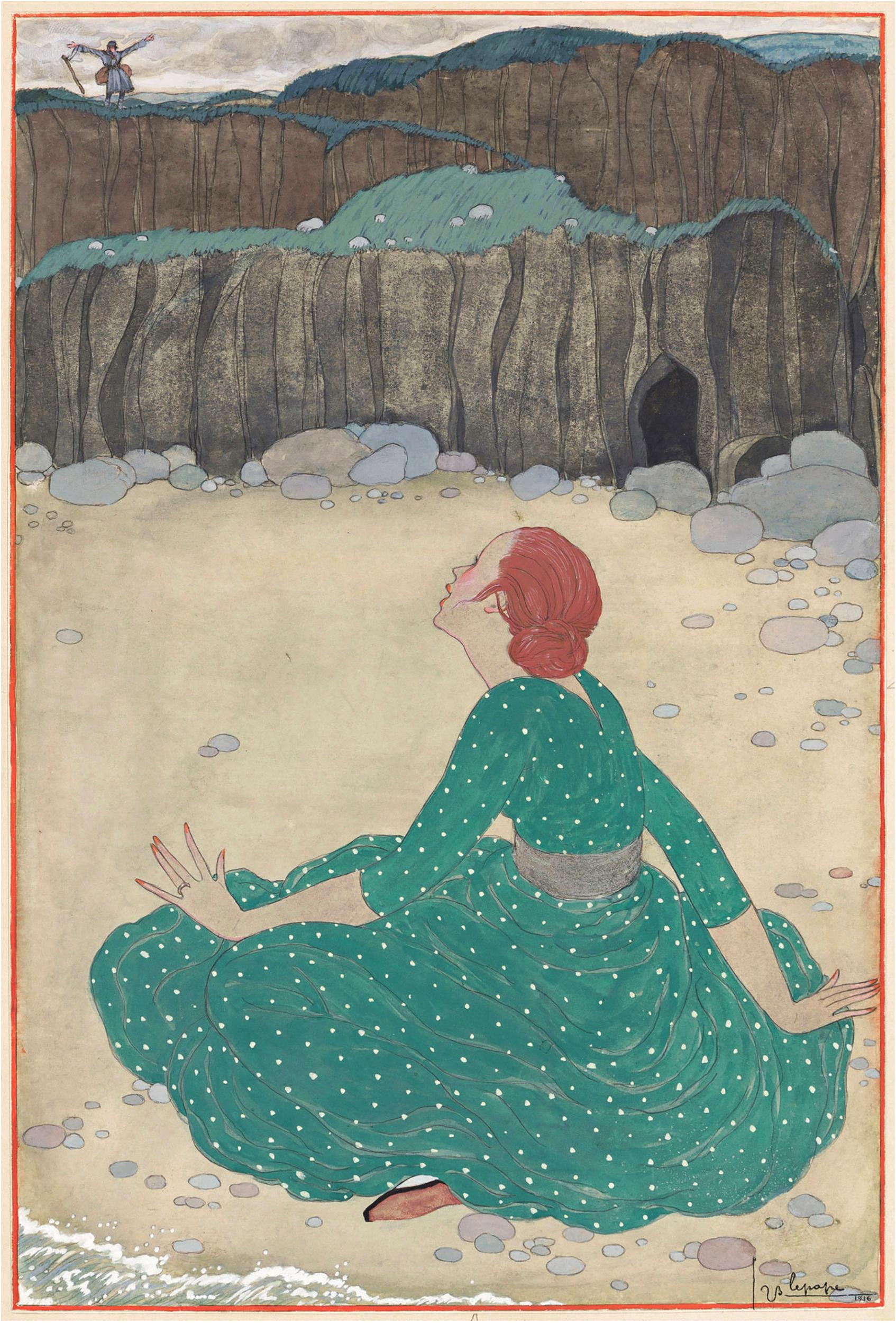 Woman on Beach in Green Dress, histoire romantique Art Nouveau   "Le Retour