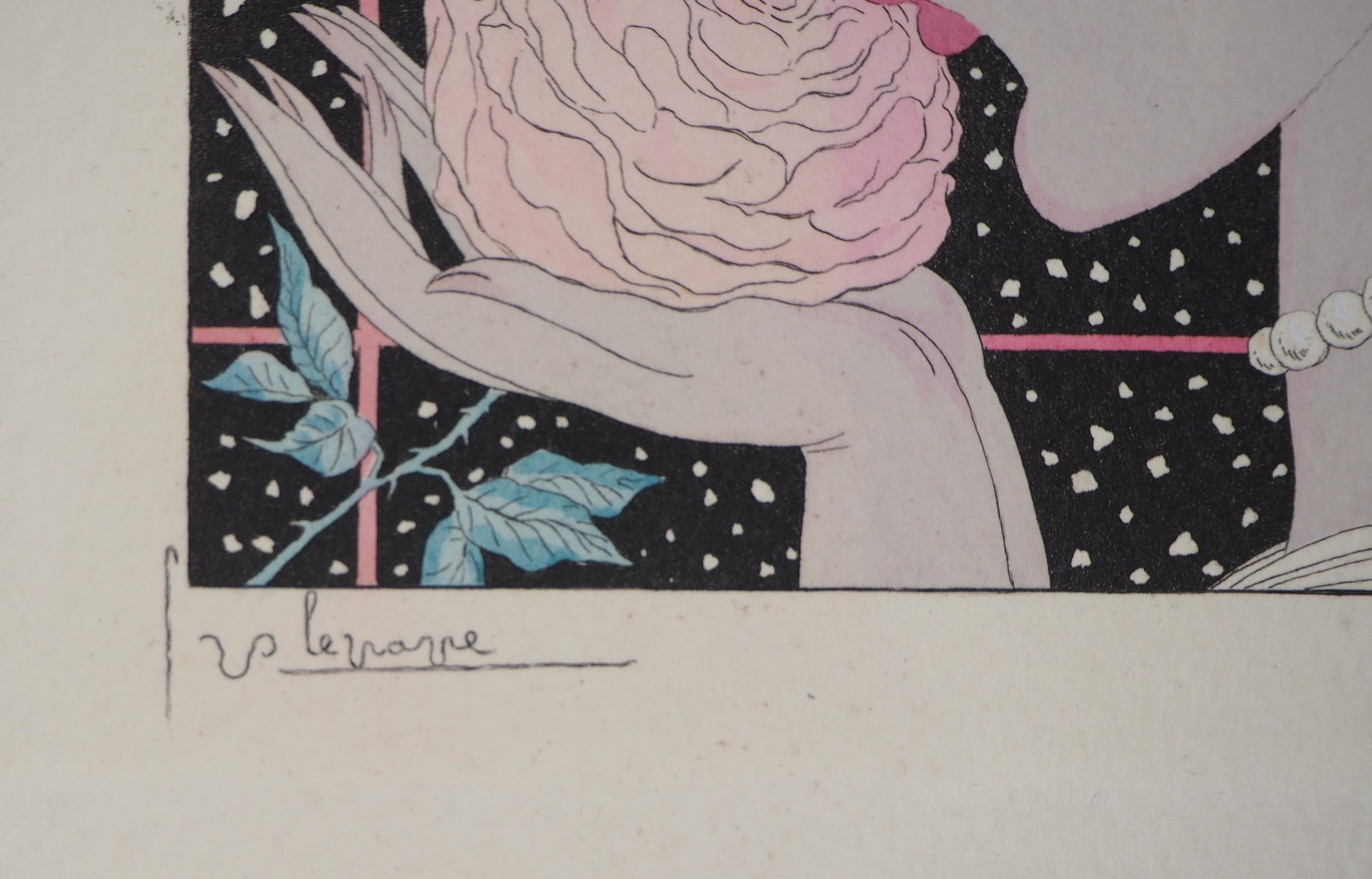Art Deco, Woman with a Rose - Original etching - Print by Georges Lepape