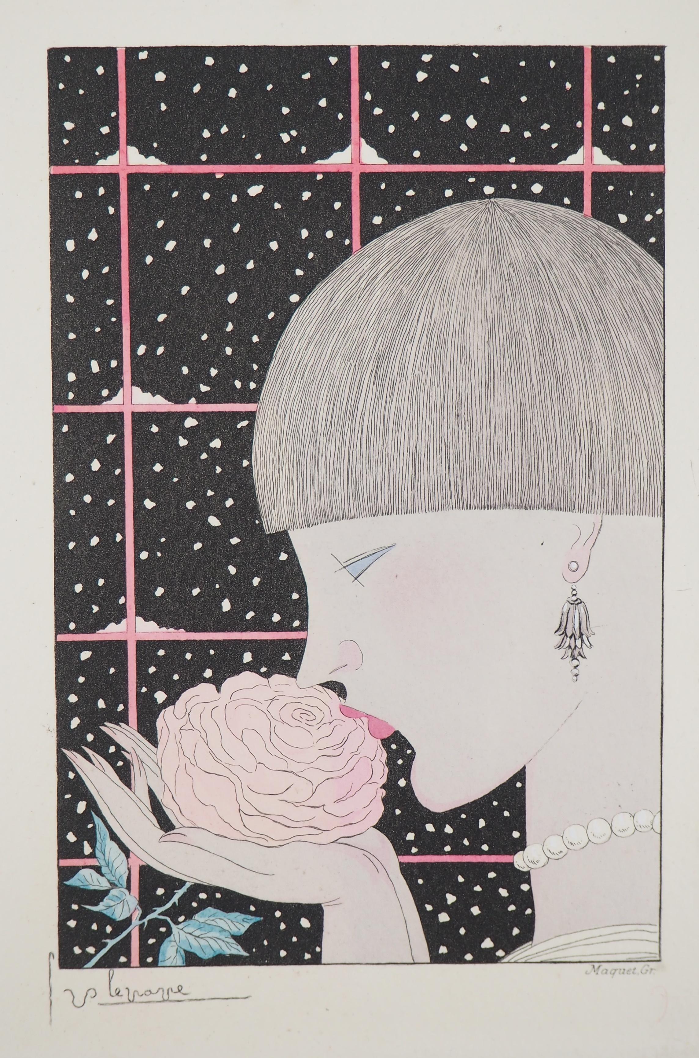 Art déco, Frau mit einer Rose – Original-Radierung im Angebot 1