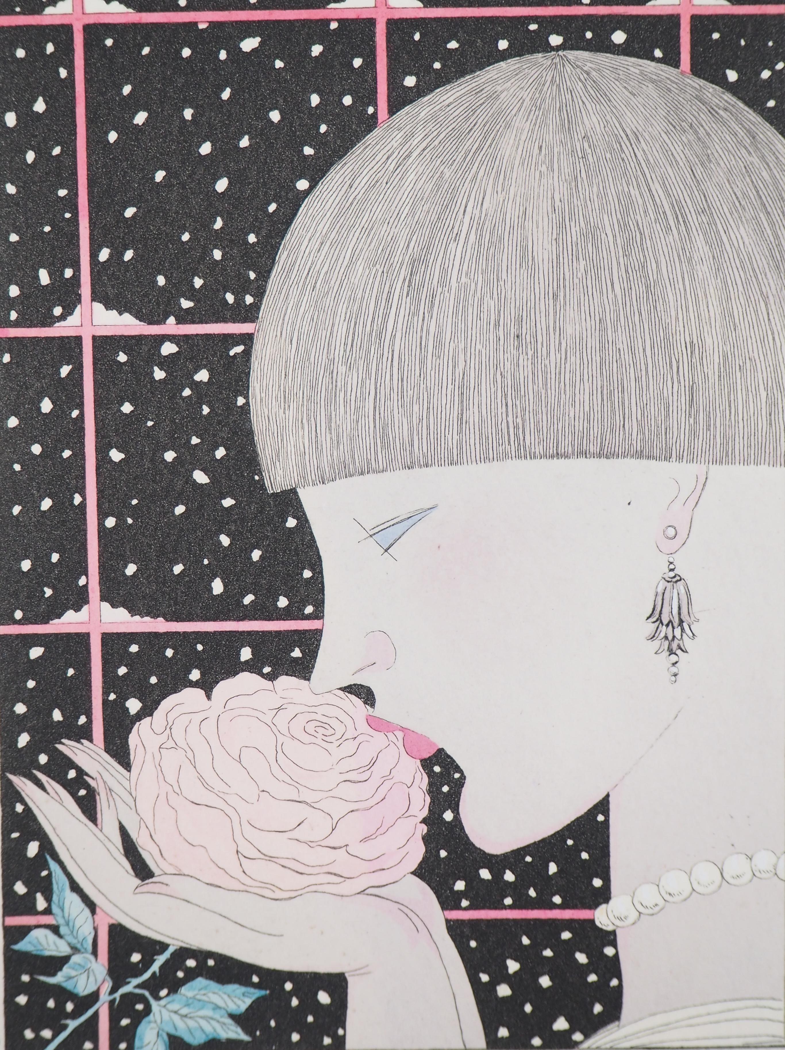 Art déco, Femme avec une rose - eau-forte originale en vente 2
