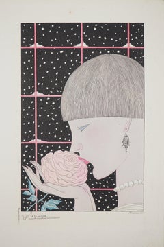 Art Deco, Woman with a Rose - Original etching