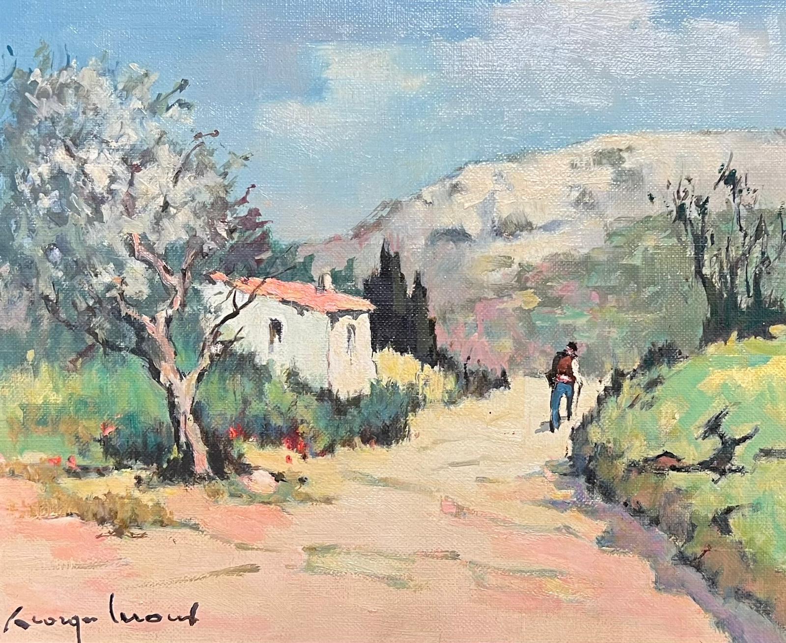 Les Alpilles Provenzalische Landschaft mit Figur, die auf einem Weg geht Signiertes französisches Öl – Painting von Georges Leroux