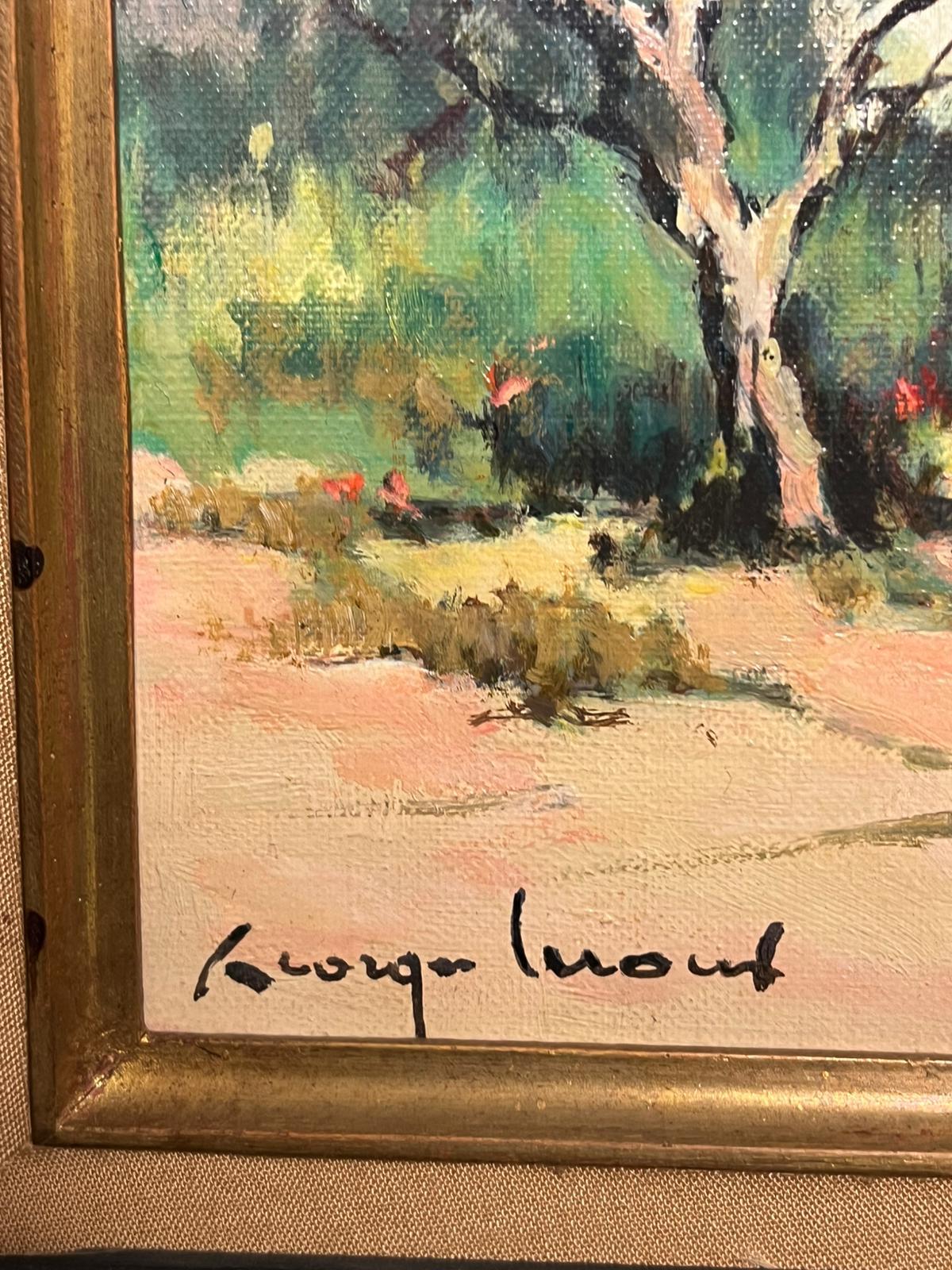 Les Alpilles Provenzalische Landschaft mit Figur, die auf einem Weg geht Signiertes französisches Öl (Braun), Landscape Painting, von Georges Leroux