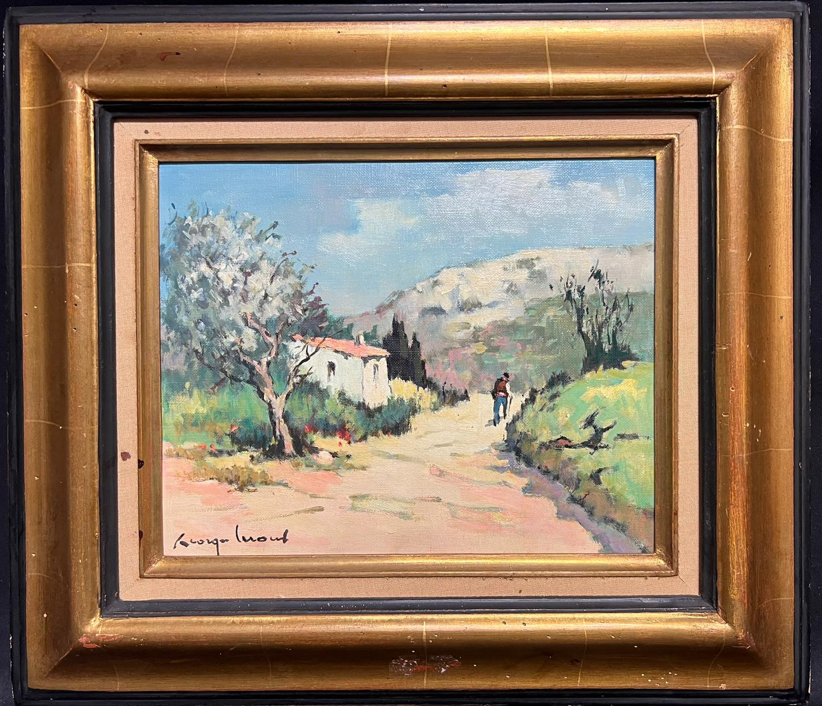 Les Alpilles Provenzalische Landschaft mit Figur, die auf einem Weg geht Signiertes französisches Öl
