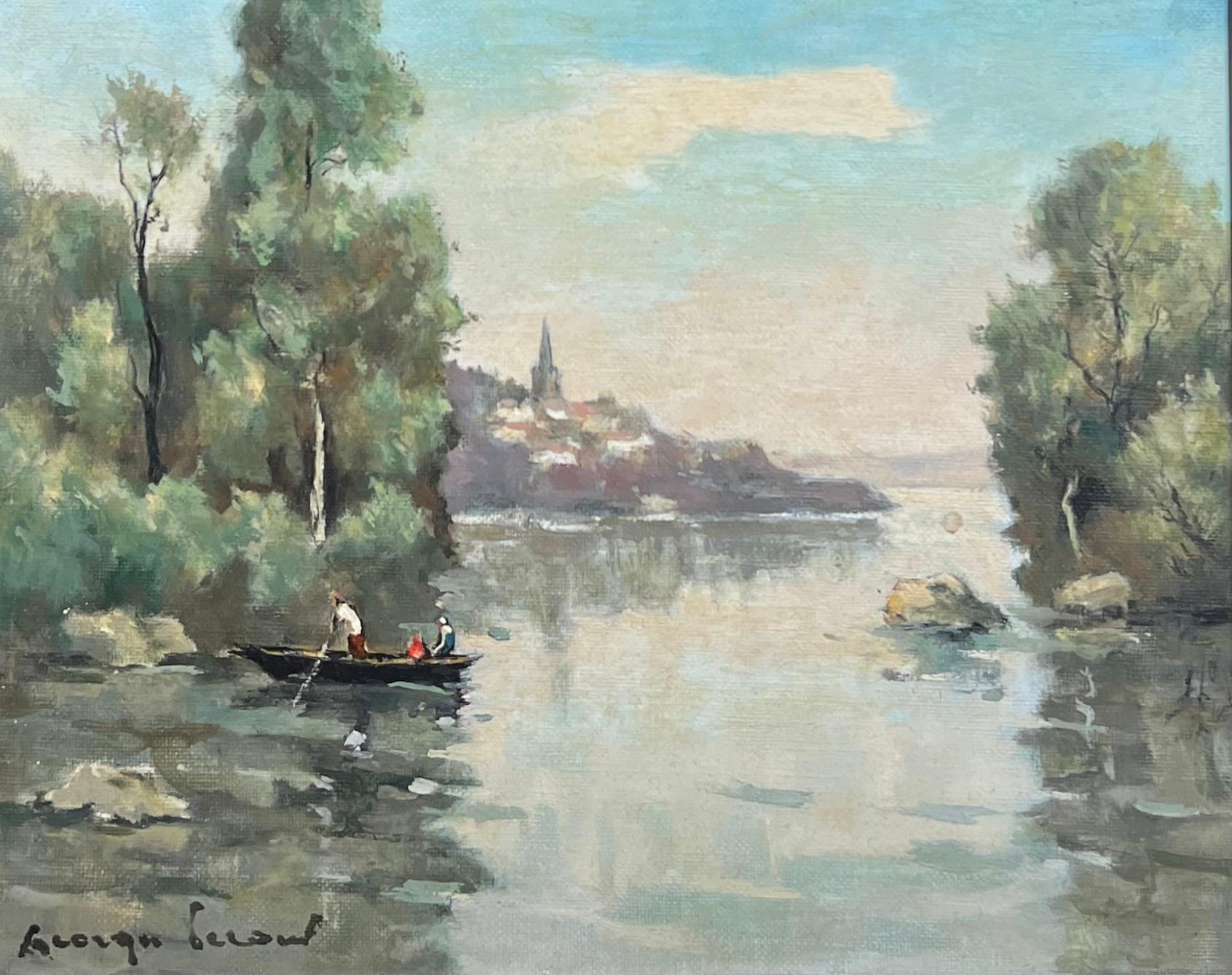 River Landscape with Boaters Trees Distant Village French Mid Century Painting - Brown Figurative Painting by Georges Leroux