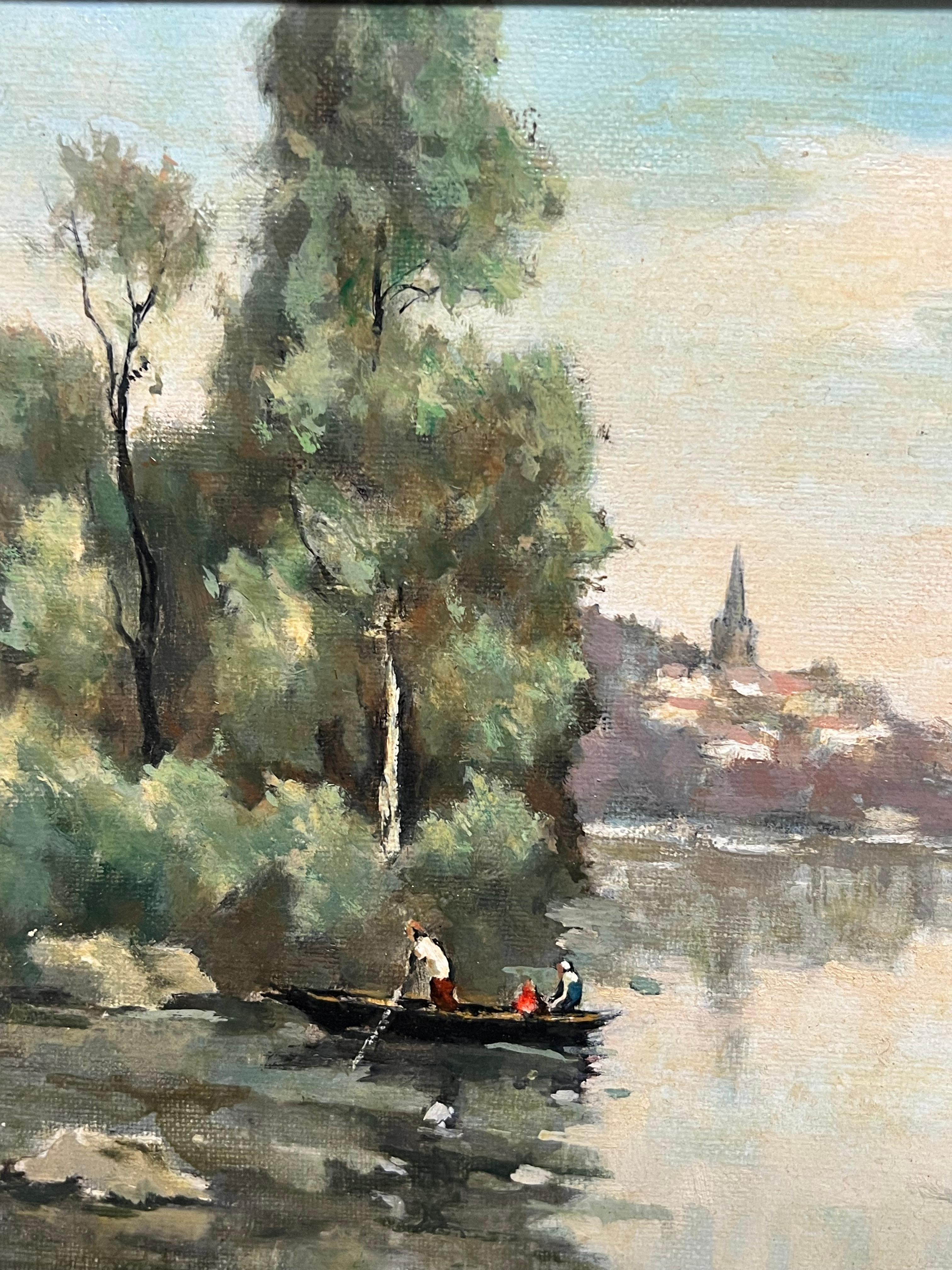 River Landscape with Boaters Trees Distant Village French Mid Century Painting For Sale 1