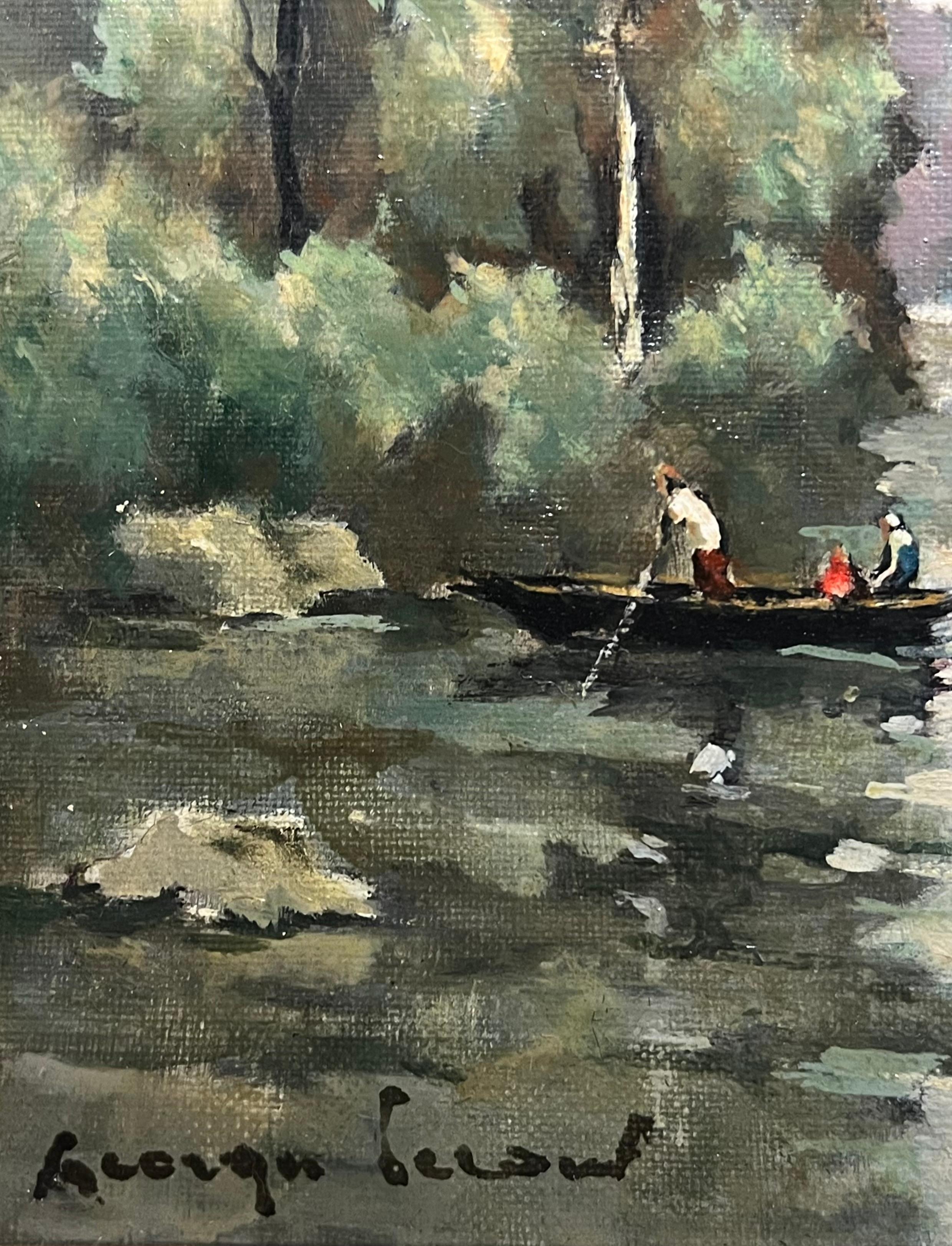 River Landscape with Boaters Trees Distant Village French Mid Century Painting For Sale 2