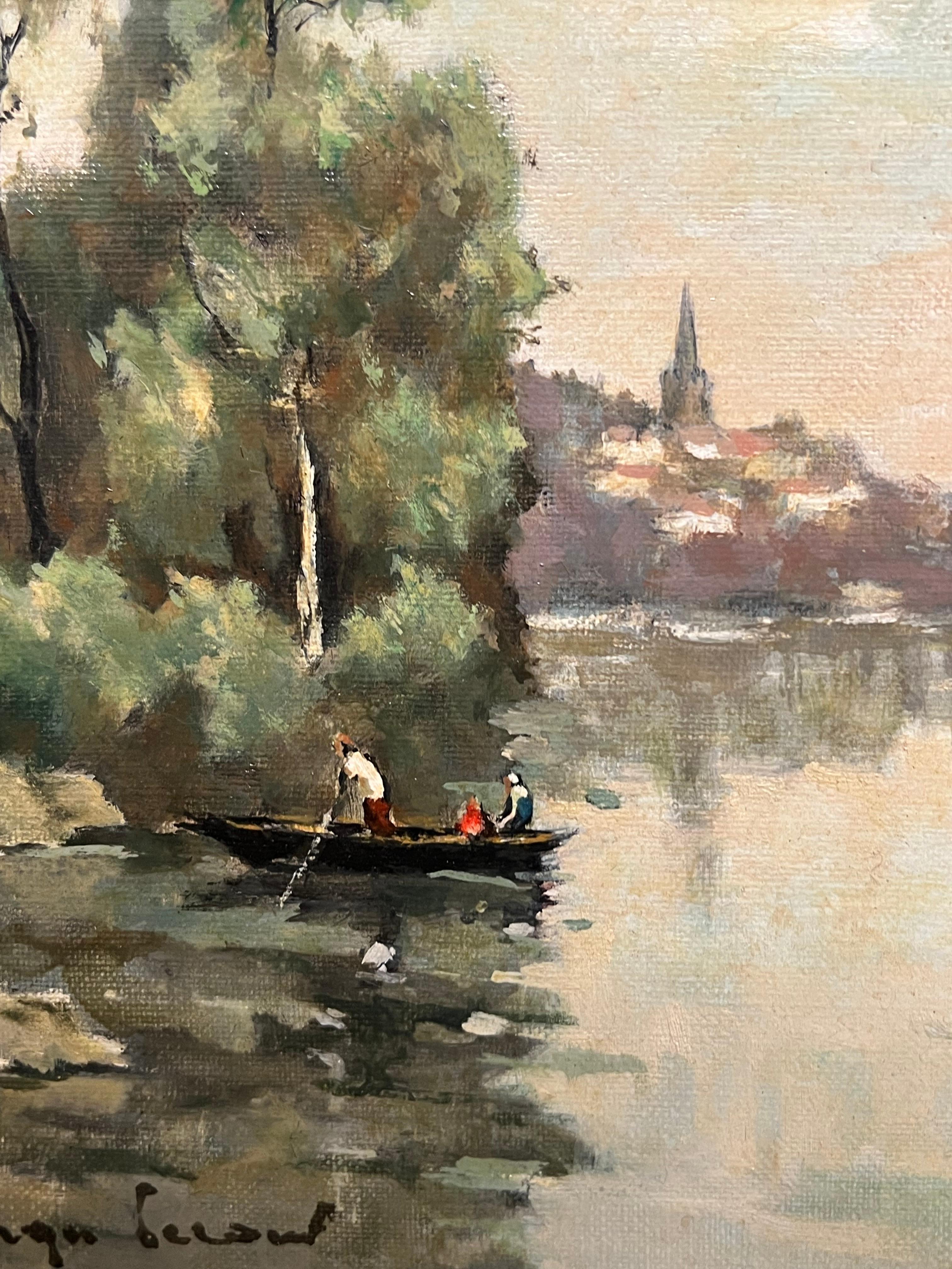 River Landscape with Boaters Trees Distant Village French Mid Century Painting For Sale 3