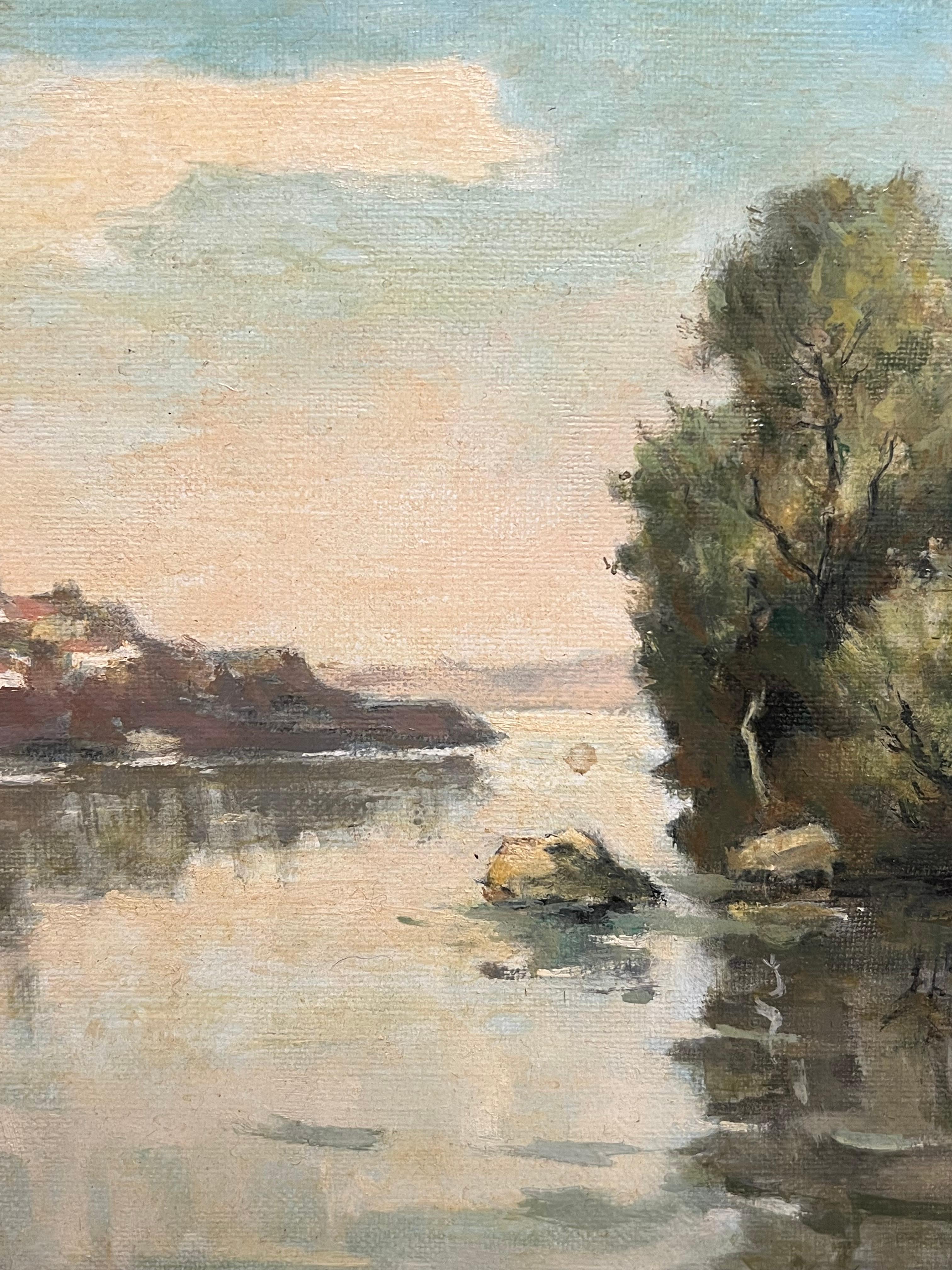 River Landscape with Boaters Trees Distant Village French Mid Century Painting For Sale 4