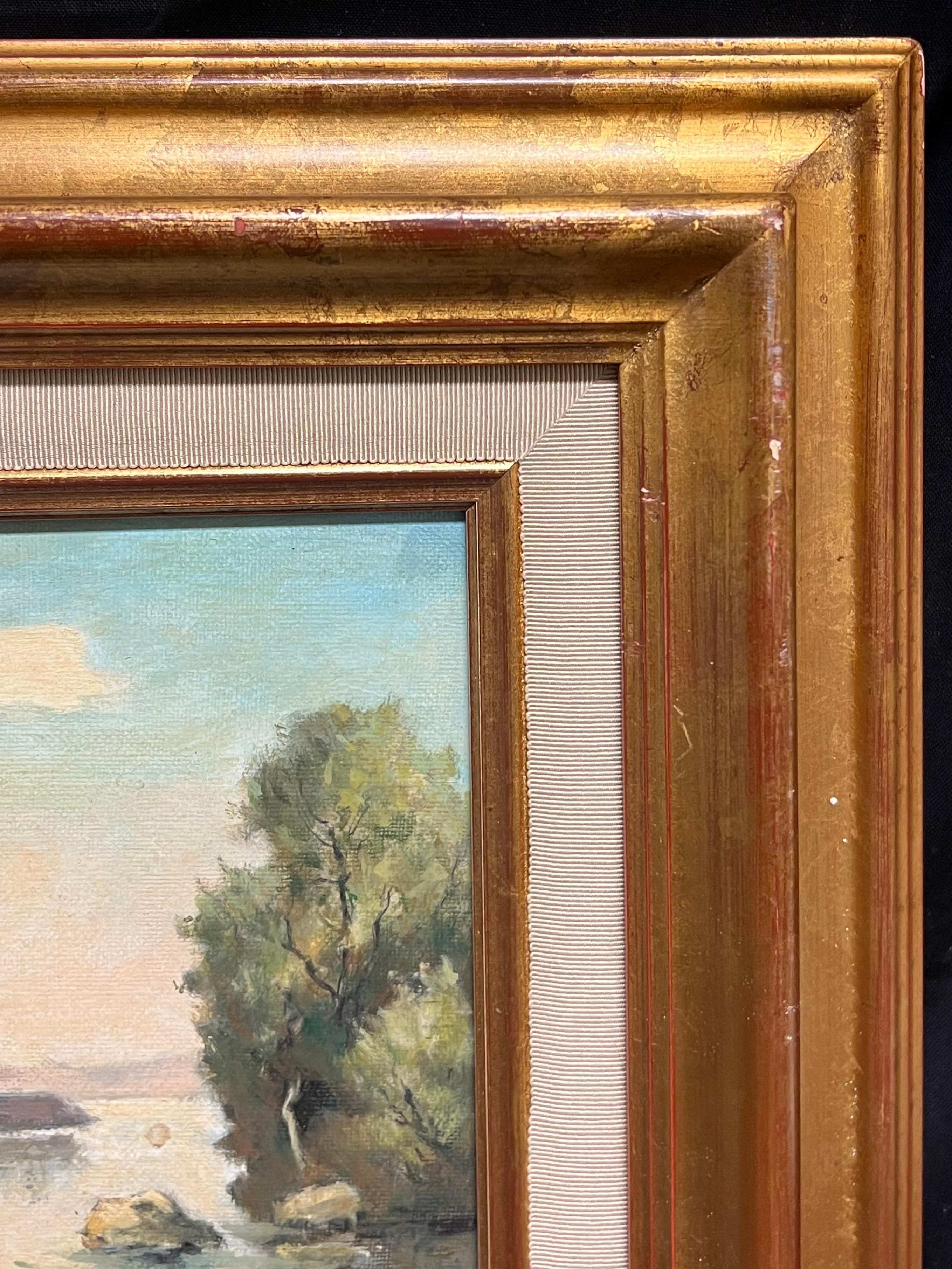 River Landscape with Boaters Trees Distant Village French Mid Century Painting For Sale 5