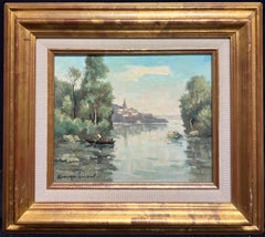Vintage River Landscape with Boaters Trees Distant Village French Mid Century Painting