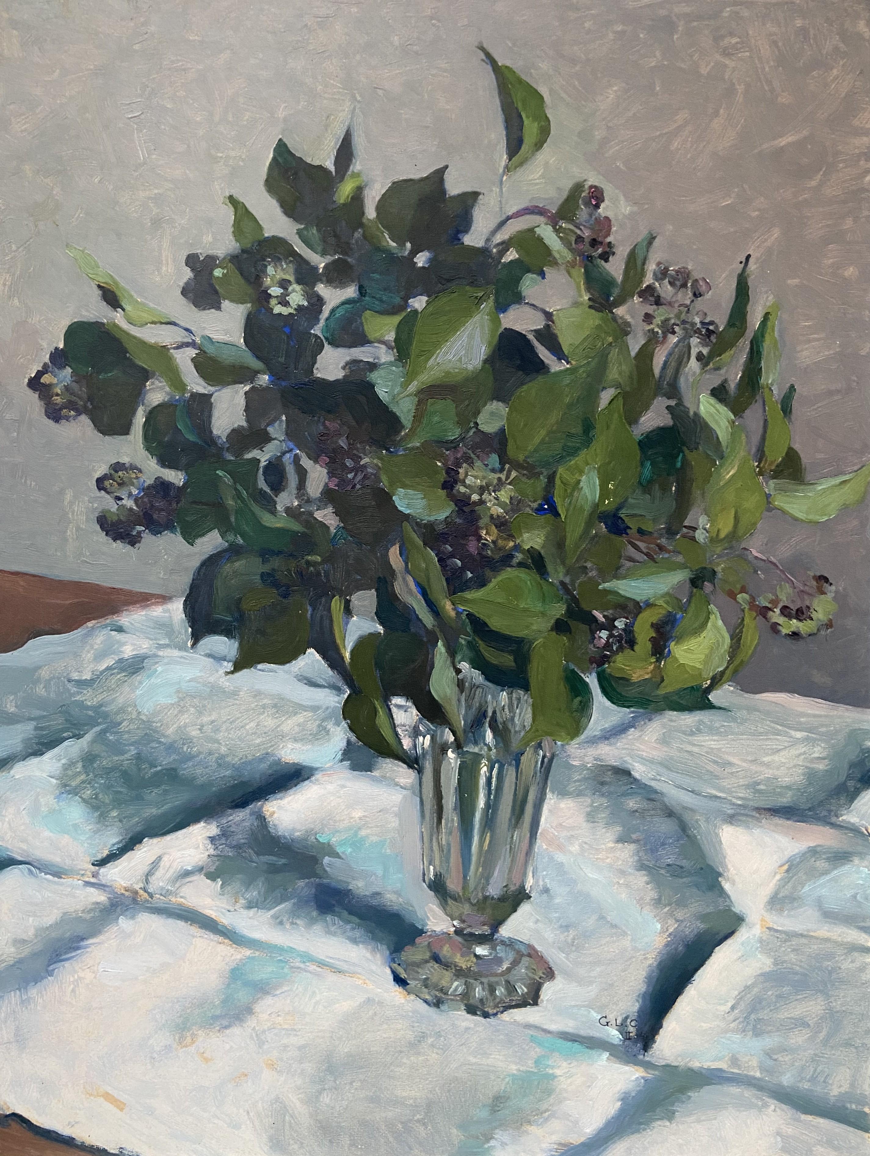 Georges Louis Claude (1879-1963)
A bouquet of blue flowers
signed with the initials GLC and dated "II 40" in the lower right
oil on paper 
62 x 47 cm
In good condition traces of pins in the corners
Framed : 66 x 51 cm

Georges Louis Claude was born