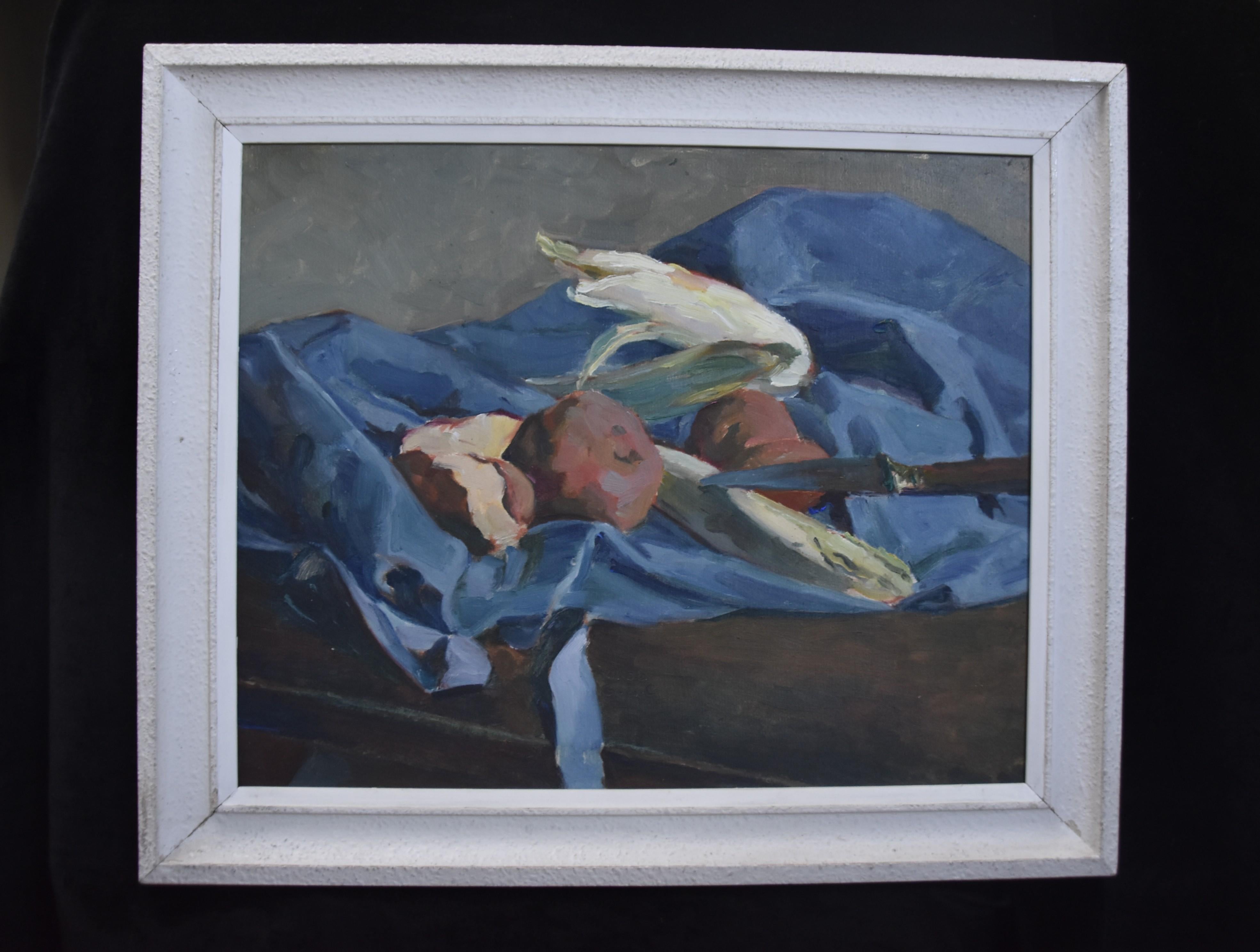 Georges Louis Claude (1879-1963) Bodegón con mantel azul, óleo sobre papel 2