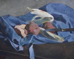 Nature morte Georges Louis Claude (1879-1963) avec toile de table bleue, huile sur papier 