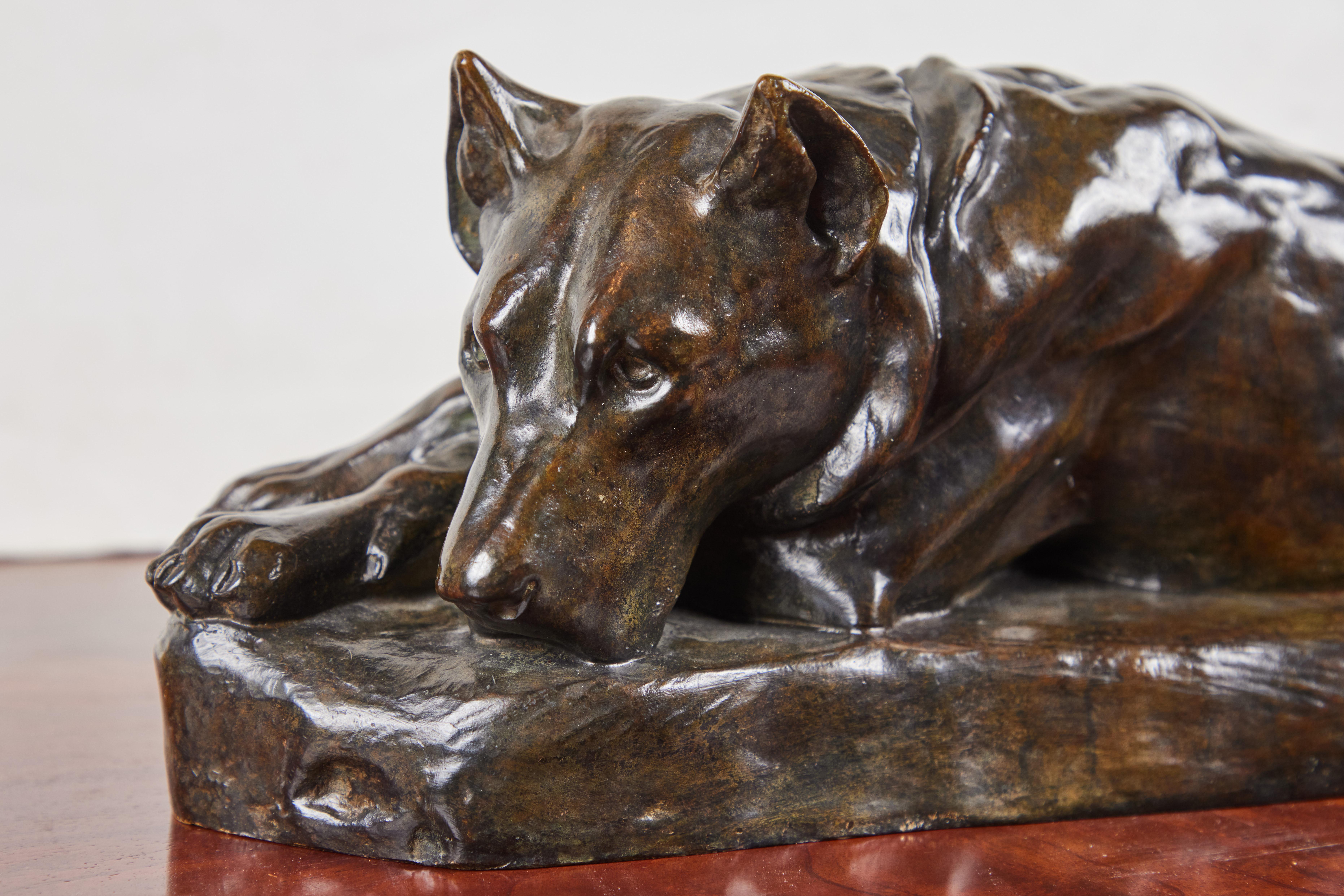 Feinfühlig ausgeführte, handgegossene und signierte Bronzeskulptur eines ruhenden Hundes auf einem naturalistischen Sockel des gleichen Künstlers, Georges Lucien-Guyot (1885-1973). Das Tier liegt entspannt mit dem Kopf auf gekreuzten Pfoten - eine