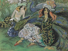 Antique Femmes au Paon, Mixed Media with Gouache on Paper, circa 1910