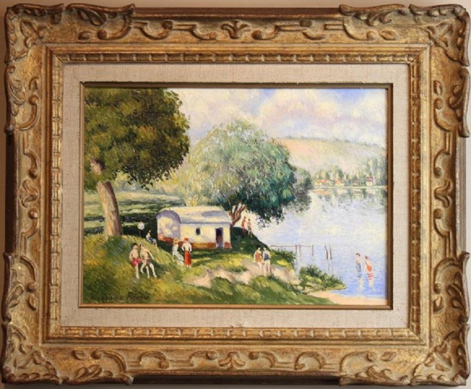 La Plage aux Andelys, huile sur carton de Georges Manzana Pissarro - Paysage en vente 1