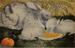Rabbit with Four Baby Rabbits, Pochoir Painting by Georges Manzana Pissarro