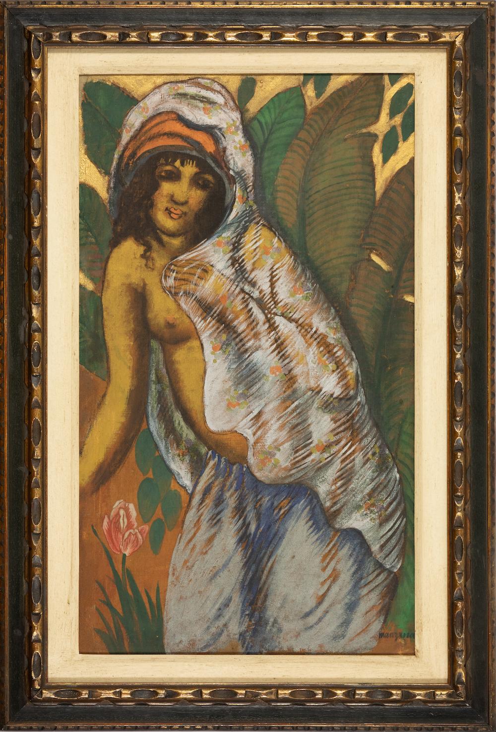 Donna con velo bianco, tecnica mista su tela, 1915 circa - Painting Tribale di Georges Manzana Pissarro
