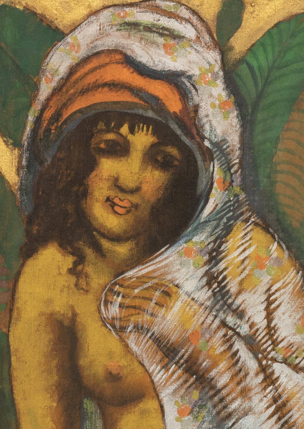 Donna con velo bianco di Georges Manzana Pissarro (1871-1961)
Tecnica mista con oro e argento su tavola, posata su tela
59,5 x 34,5 cm (23 ⅜ x 13 ⅝ pollici)
Firmato in basso a destra, Manzana
Eseguito nel 1915 circa

Quest'opera è accompagnata da un