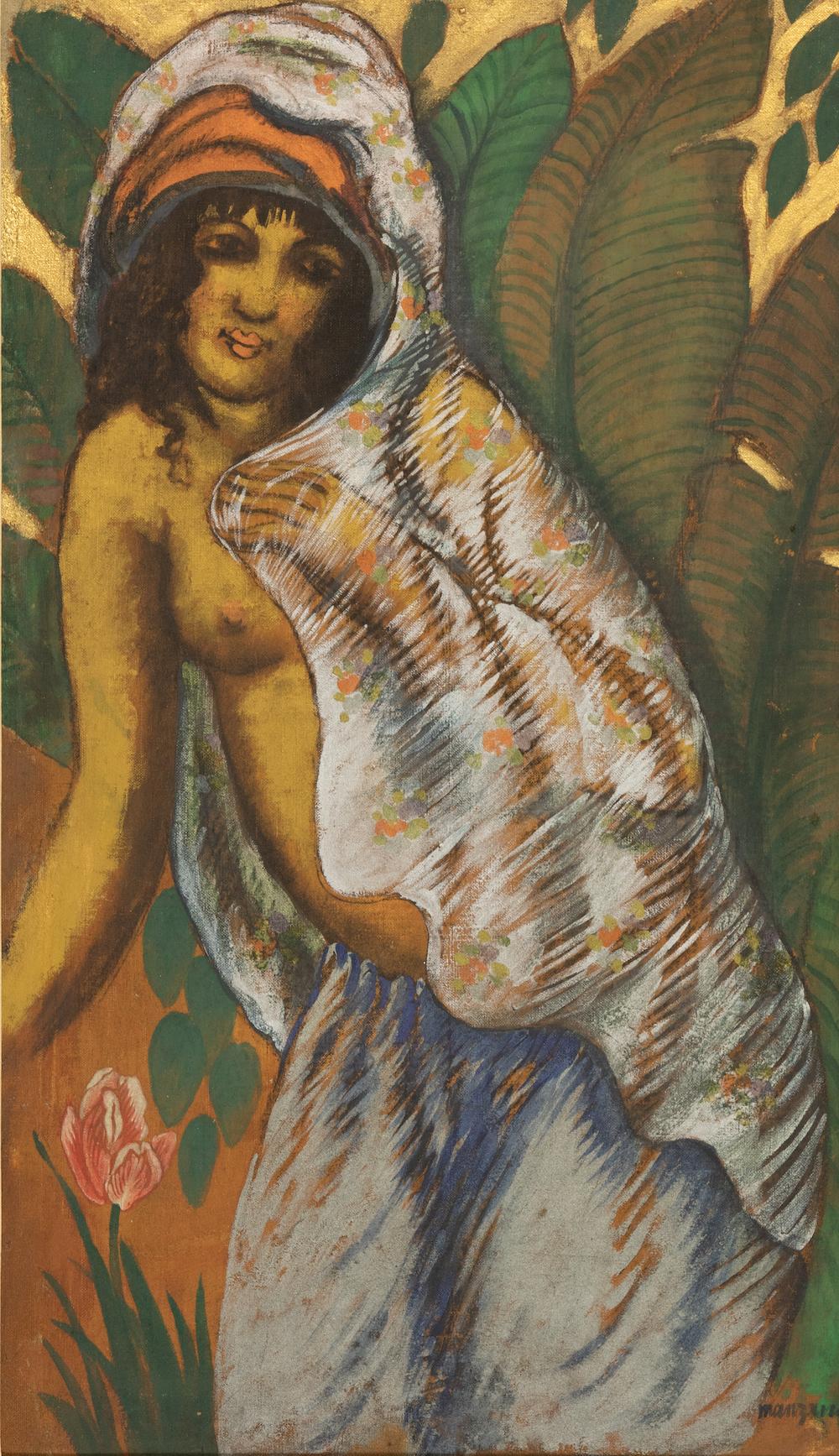 Donna con velo bianco, tecnica mista su tela, 1915 circa - Painting di Georges Manzana Pissarro