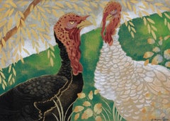 Antique Two Turkeys, Pochoir by Georges Manzana Pissarro