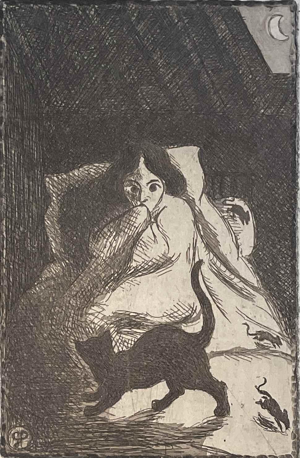 UNGESTRAHLT VERKAUFT

Une femme, un chat et des souris von Georges Manzana Pissarro (1871 - 1961) 
Ätzen
13,3 x 8,7 cm (5 ¹/₄ x 3 ³/₈ Zoll)
Signiert auf der Platte mit den Initialen GP und rechts unten mit Georges Pissarro
Eine seltene frühe