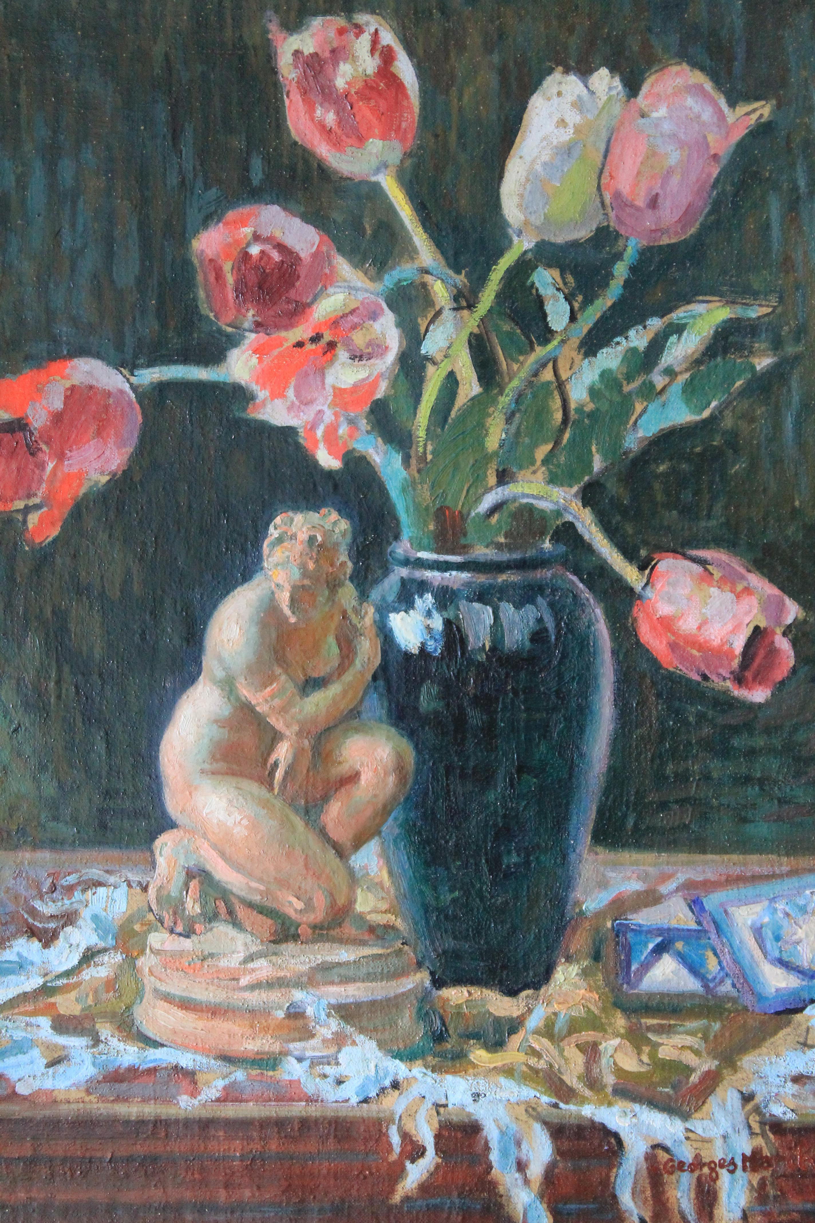 Stunning large heavy vintage oil painting of a delightful floral display with a statue on a table.  This distinctive painting is quite unusual.  The canvas is quite thick and textured and upon it, the tulips are carved out with splashes of colour