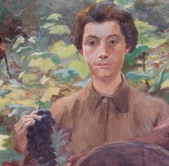 French 19th Century landscape painting of grape pickers in late summer