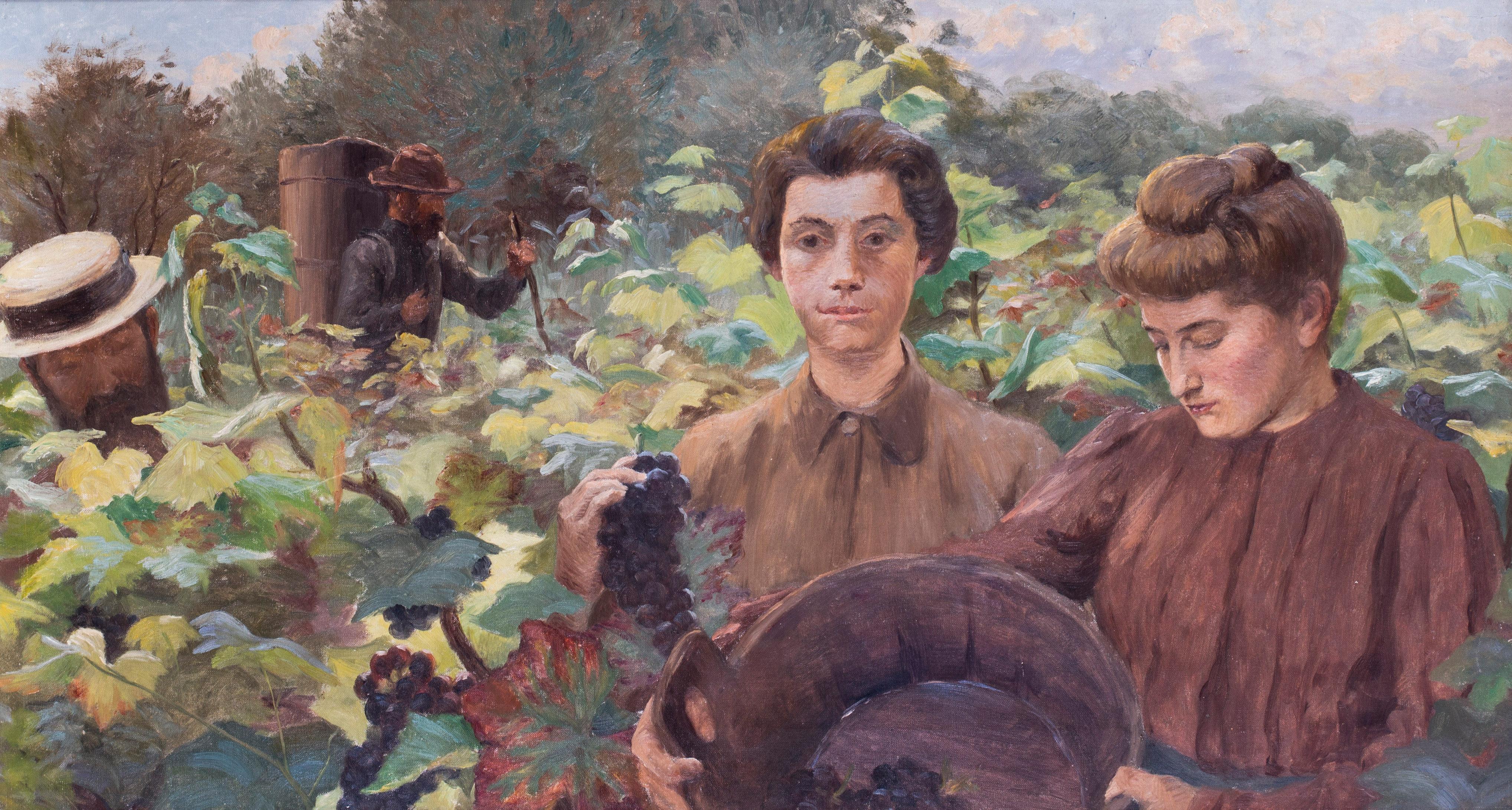 Peinture française du 19e siècle représentant des cueilleurs de raisins à la fin de l'été