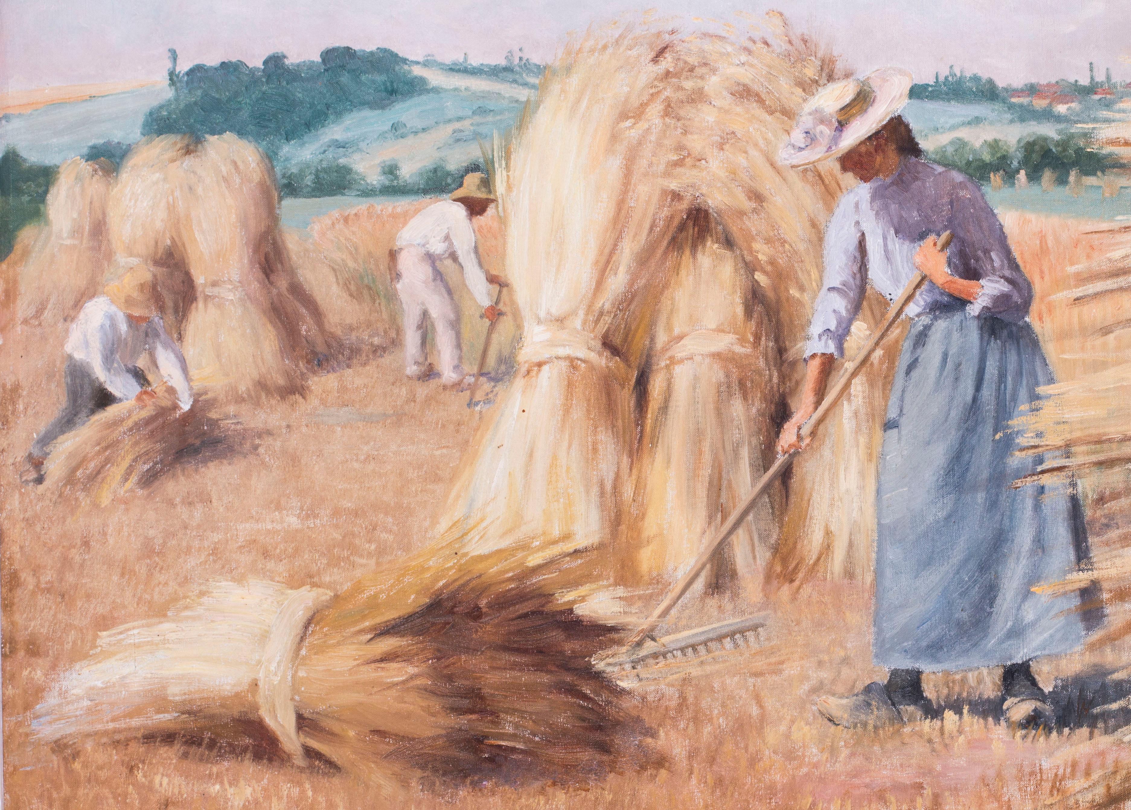 Large French figurative 19th Century landscape painting of harvesters in summer - Impressionist Painting by Georges-Marie-Julien Girardot