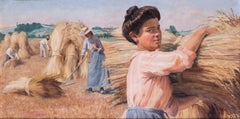 Large French figurative 19th Century landscape painting of harvesters in summer