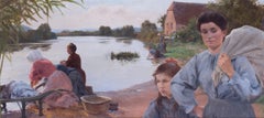 Peinture de paysage figurative française du 19ème siècle représentant des femmes éleveuses au bord de la rivière