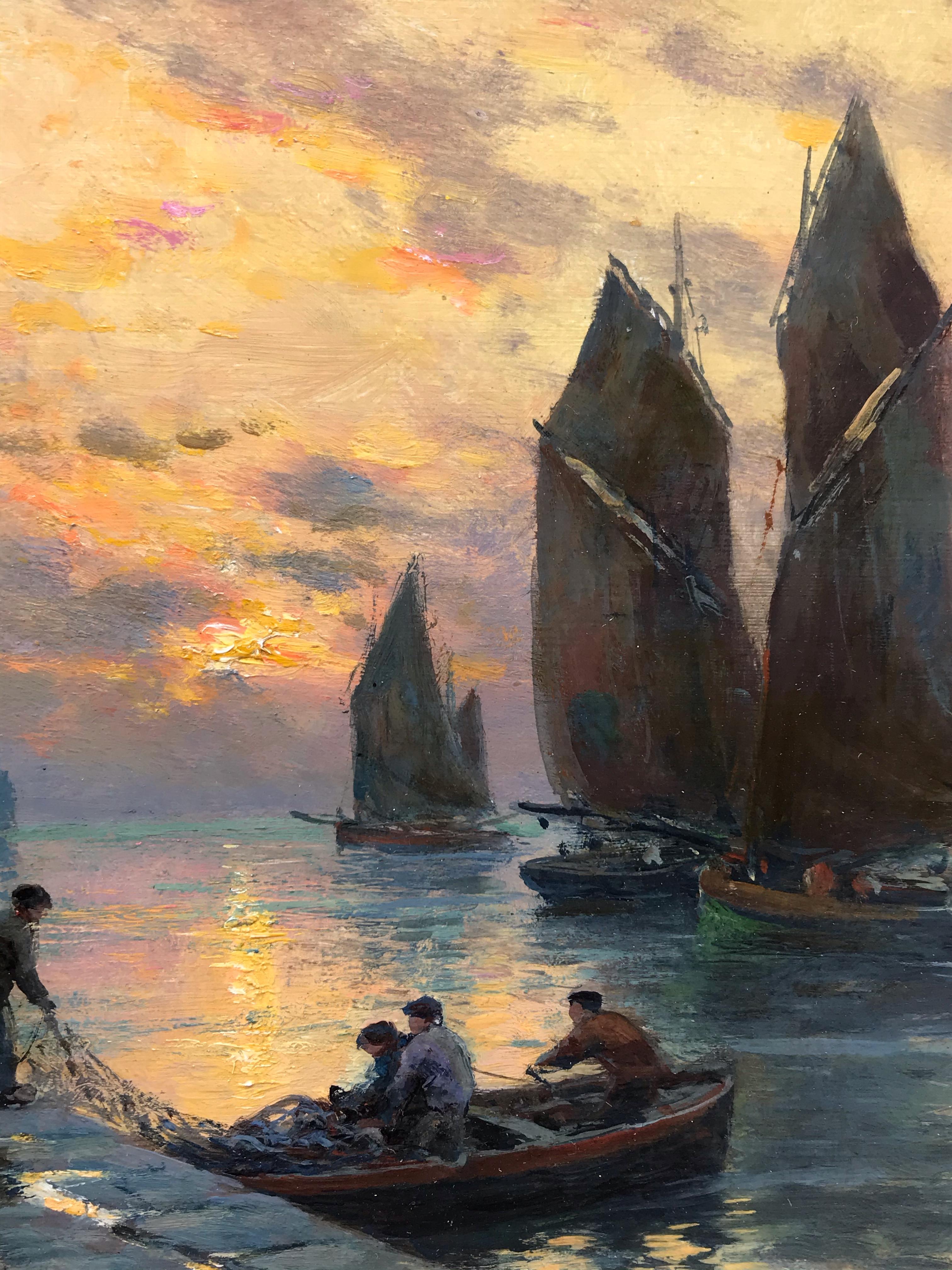 Port de pêche au coucher du soleil - Peinture du 19ème siècle 1