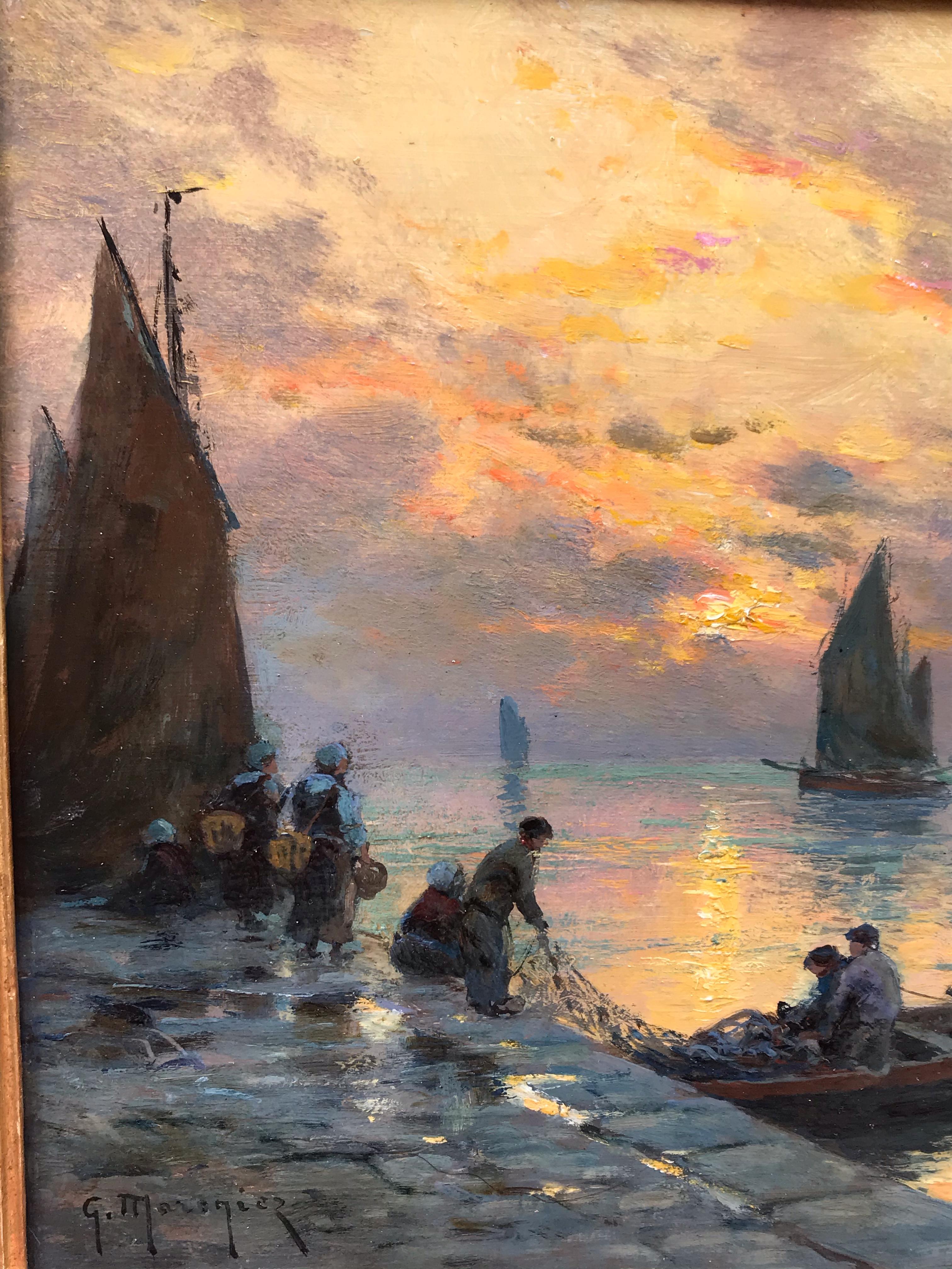 Port de pêche au coucher du soleil - Peinture du 19ème siècle 2