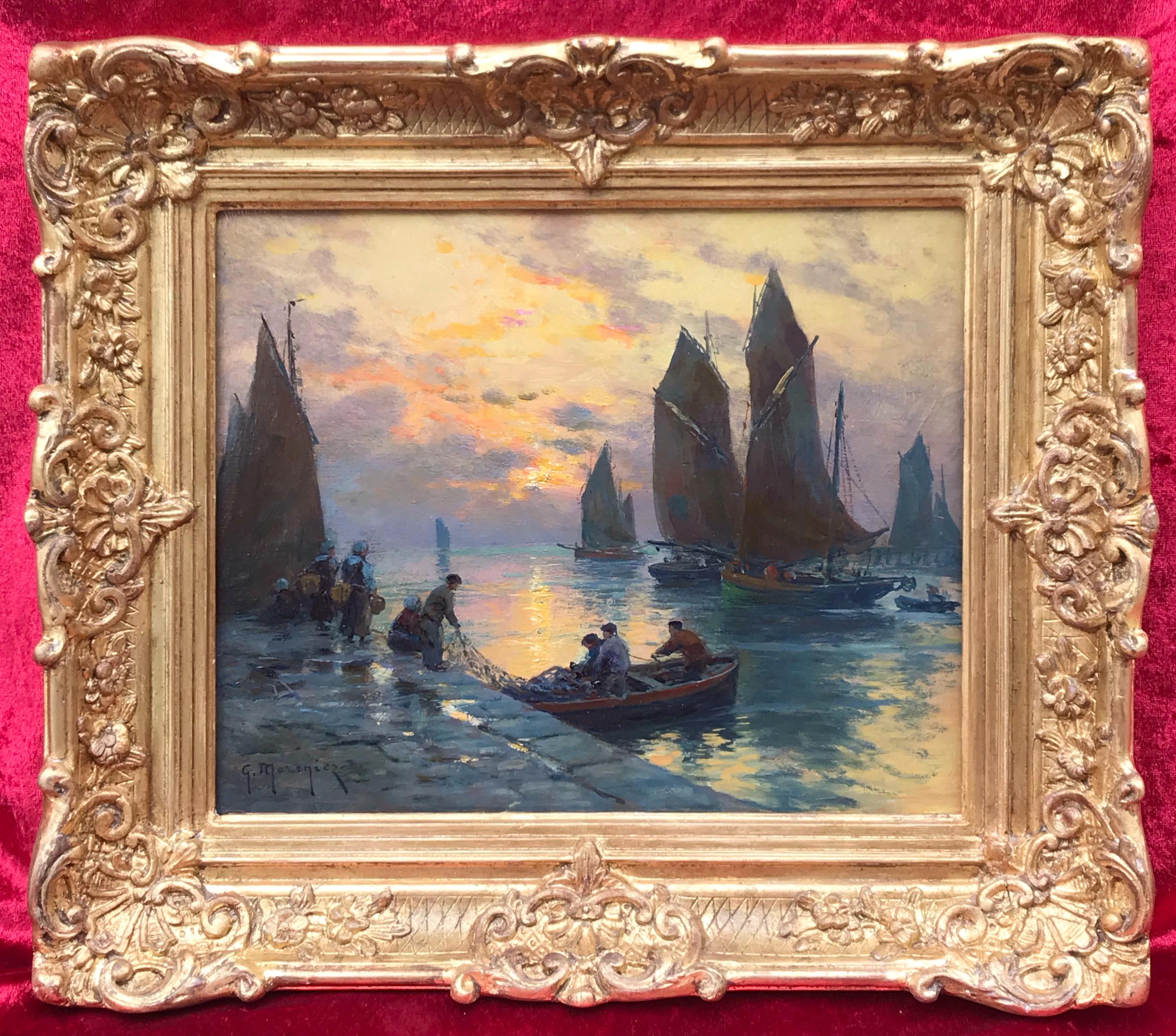 Landscape Painting Georges Maroniez - Port de pêche au coucher du soleil - Peinture du 19ème siècle
