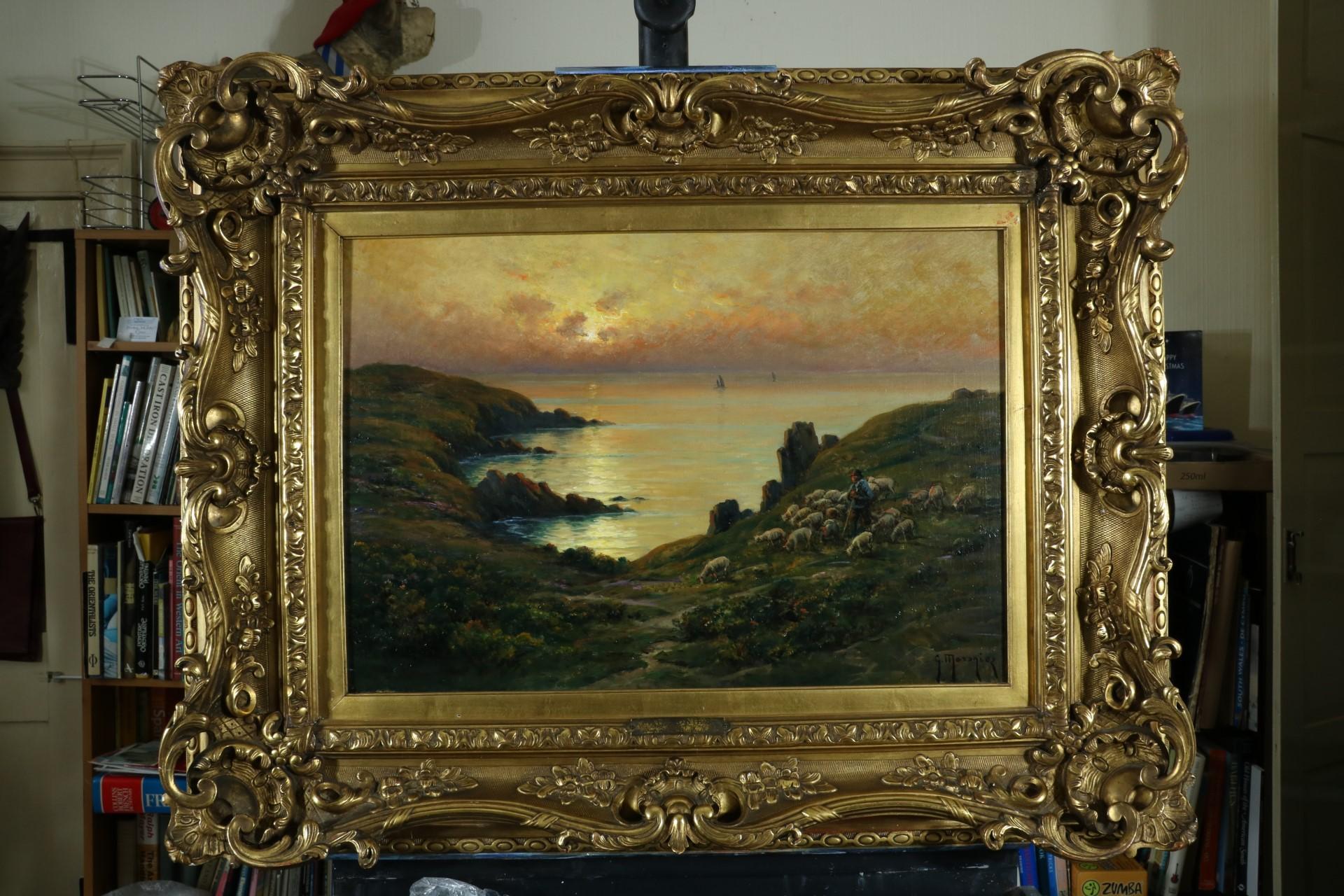 Puesta de Sol sobre la Bahía con Pastor y Rebaño en la Cima del Acantilado - Pintura al Óleo Grande - Art Posimpresionista de Georges Maroniez