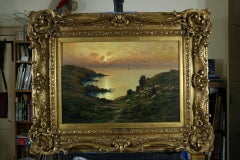 Puesta de Sol sobre la Bahía con Pastor y Rebaño en la Cima del Acantilado - Pintura al Óleo Grande