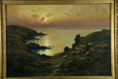 Coucher de soleil sur la baie avec berger et troupeau sur la falaise - Grande peinture à l'huile