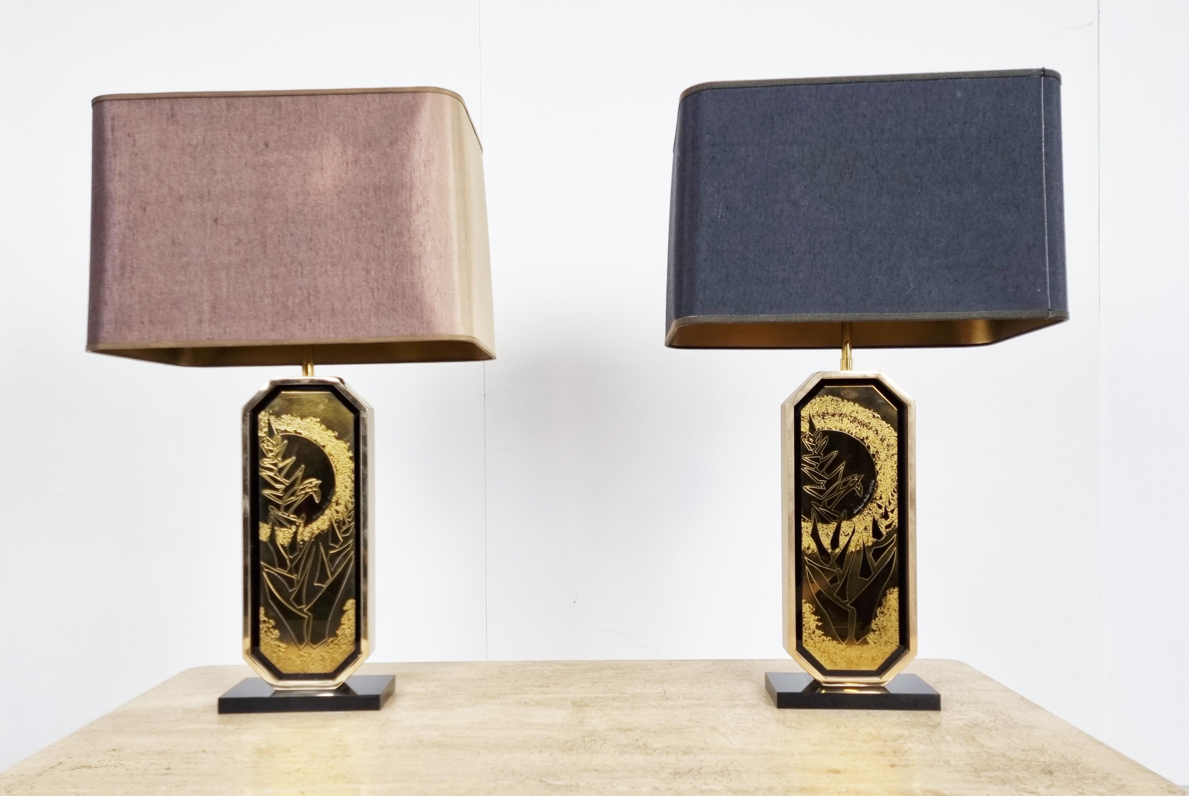 Hollywood Regency Georges Mathias 23kt Gold Etched Table Lamps, Set of 2, 1970s