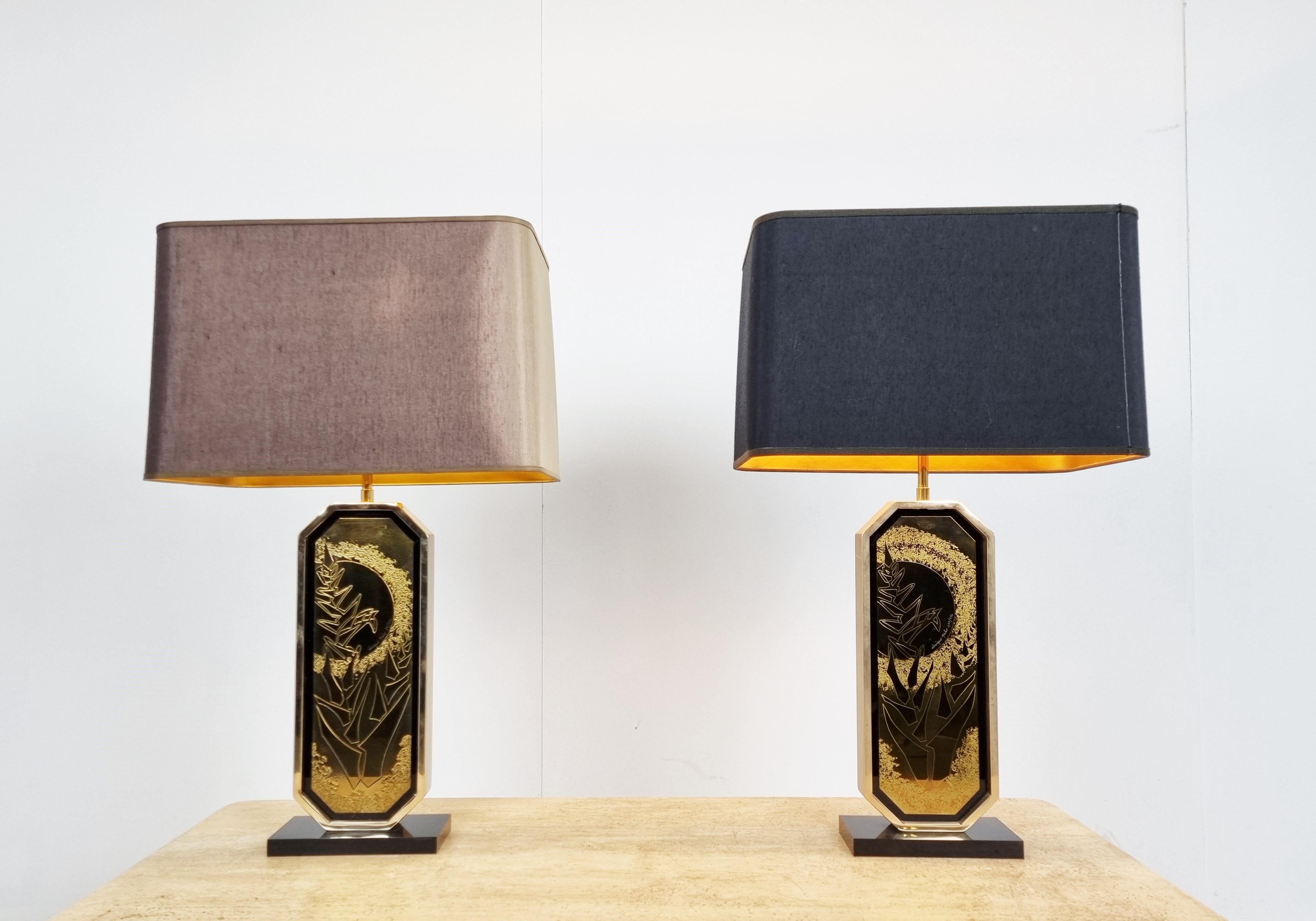 Late 20th Century Georges Mathias 23kt Gold Etched Table Lamps, Set of 2, 1970s