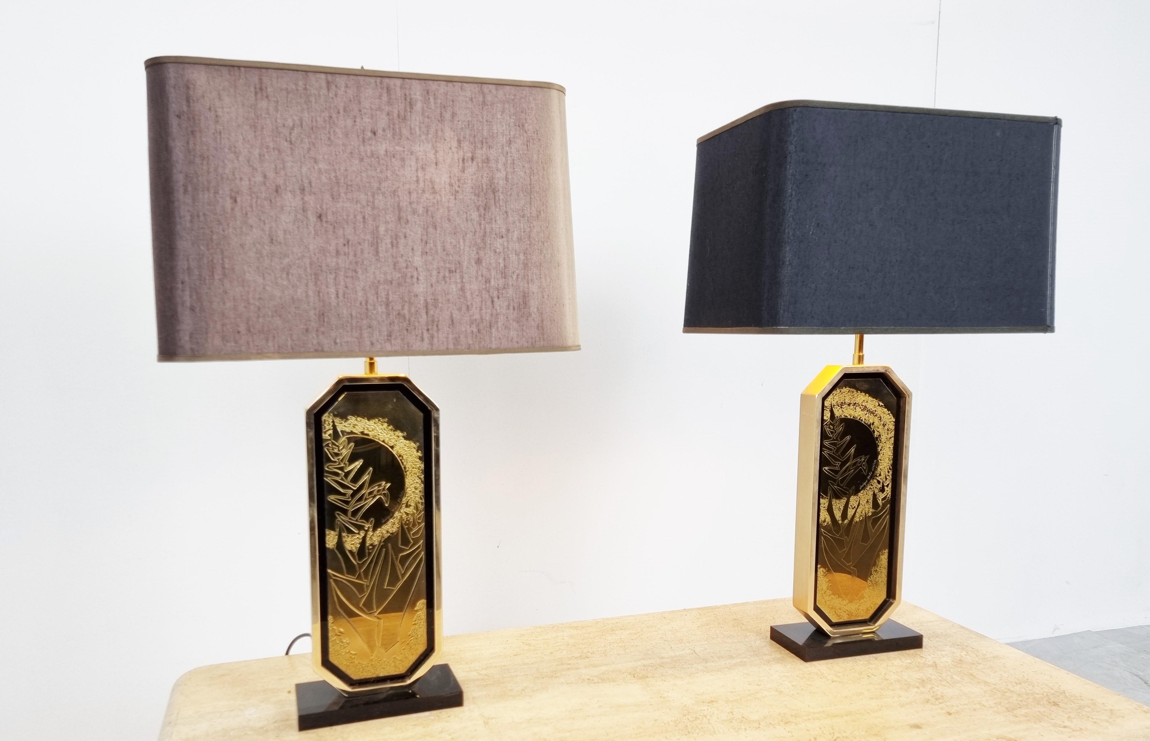 Brass Georges Mathias 23kt Gold Etched Table Lamps, Set of 2, 1970s