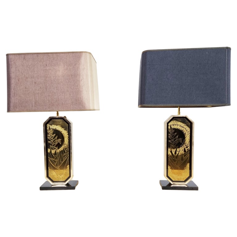 Georges Mathias 23kt Gold Etched Table Lamps, Set of 2, 1970s at 1stDibs
