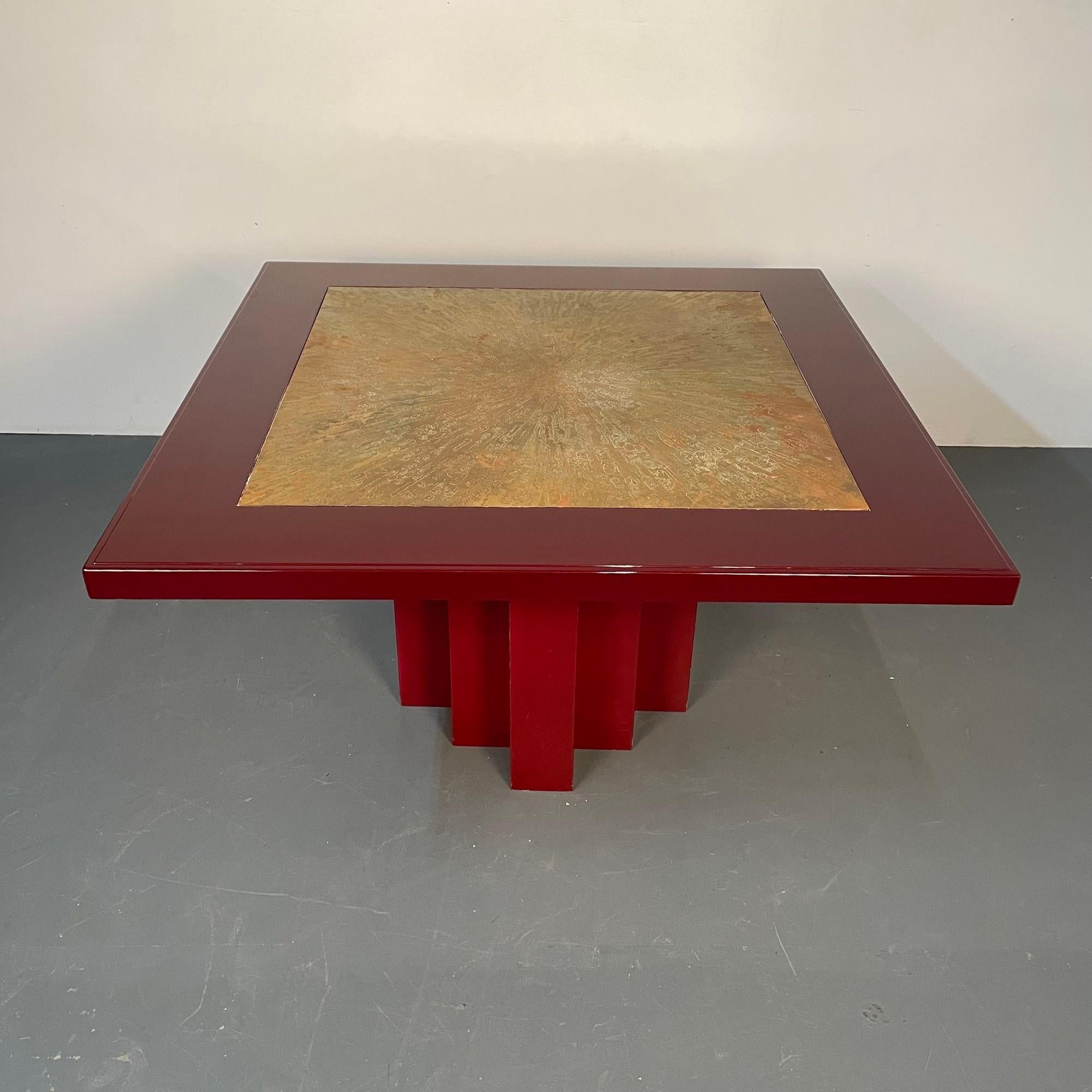 Georges Mathias Belgian Mid-Century Modern Dining, Card or Center Table, Lacquer, Signed
 
Mid-century coffee table by Belgian artist and designer, Georges Mathias (inscribed center). Having a wonderful modern Chinese motif deep red newly lacquered